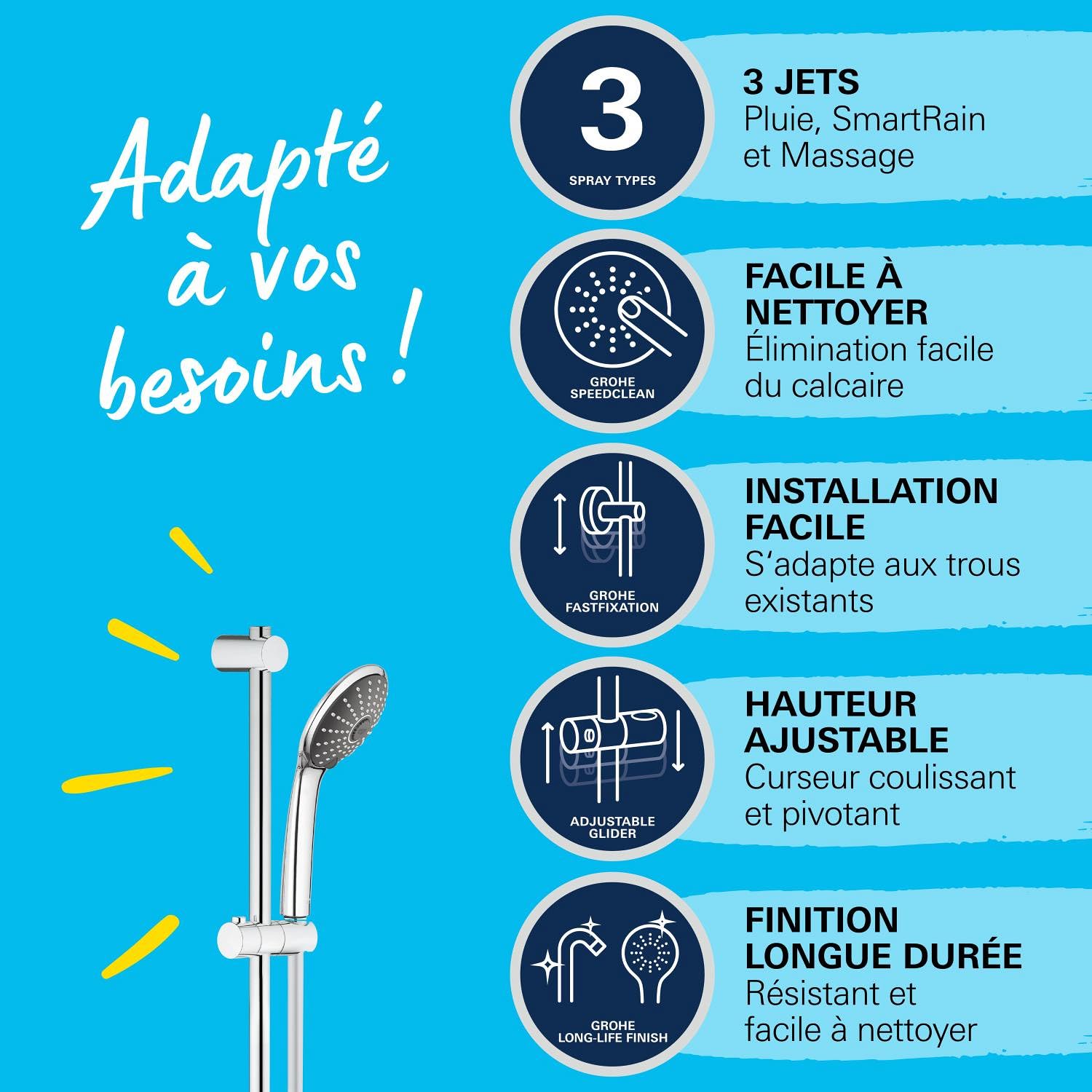 GROHE Ensemble de douche Vitalio Joy 110, pommeau de douche Vitalio Joy 3 jets, barre de 600mm, flexible tuyau de douche VitalioFlex 1750mm, chromé, 27333000 (Import Allemagne)