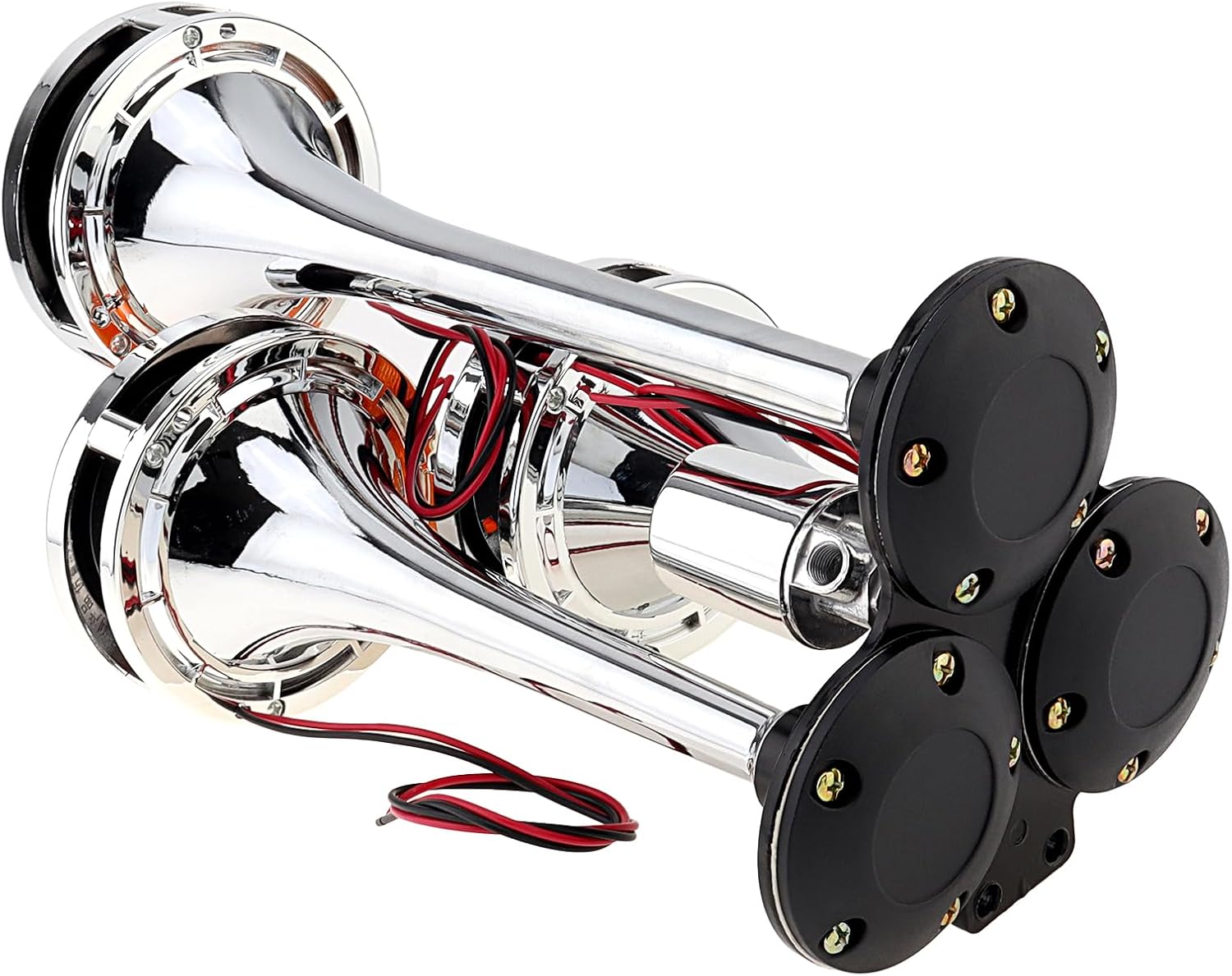 Air Horn for Truck Car, 12V / 24V Triple Trumpet 300DB Super Loud Chrome Plated Air Horn Kit for Any Vehicles Trucks Motorcycle Pickup Trains Cars Boats with LED Light