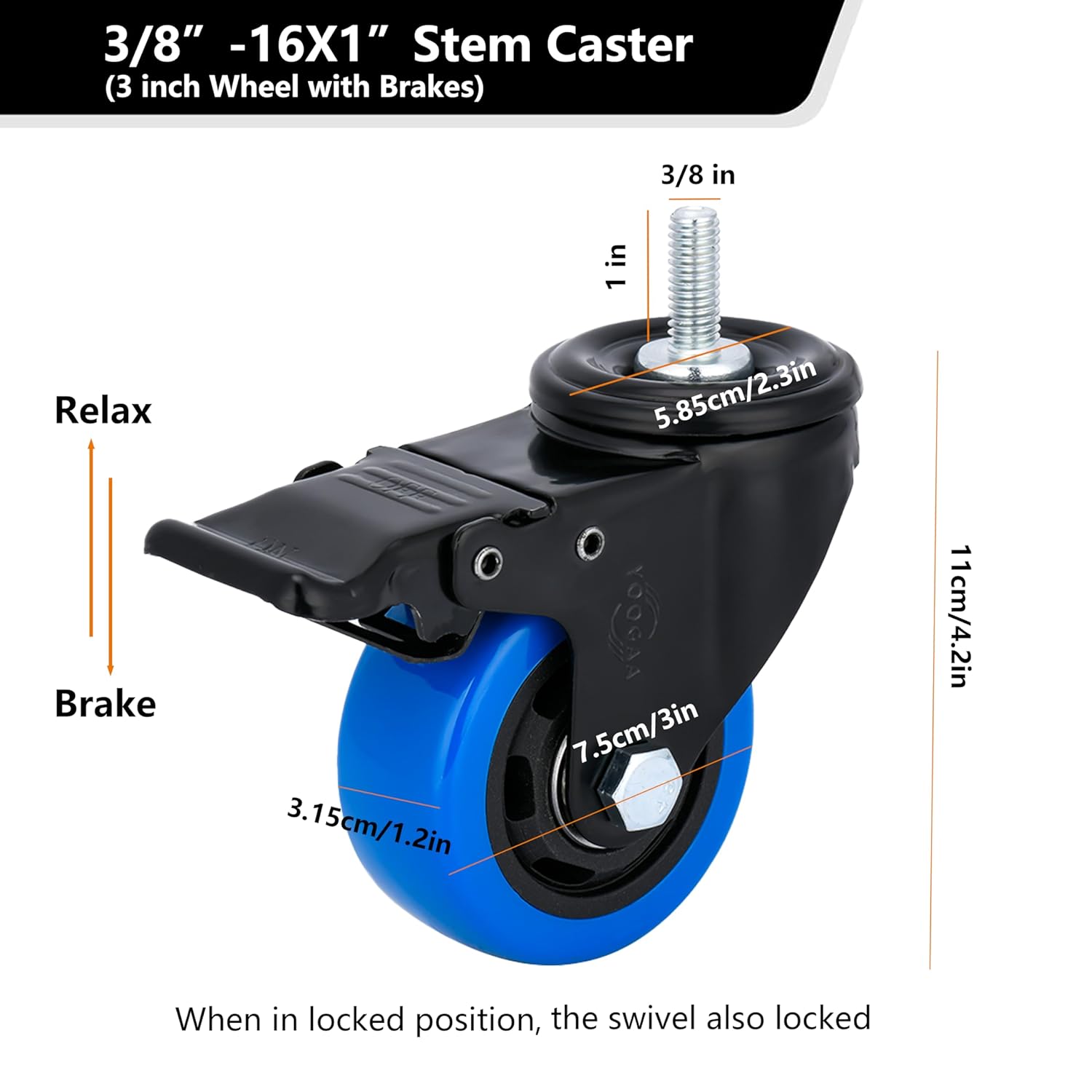 3 Inch Caster Wheels Set of 4 Heavy Duty Threaded Stem Casters 3/8"-16 x 1 Swivel Rubber Industrial Castors Wheels for Workbench Furniture Carts Load Bearing 1000 Lbs