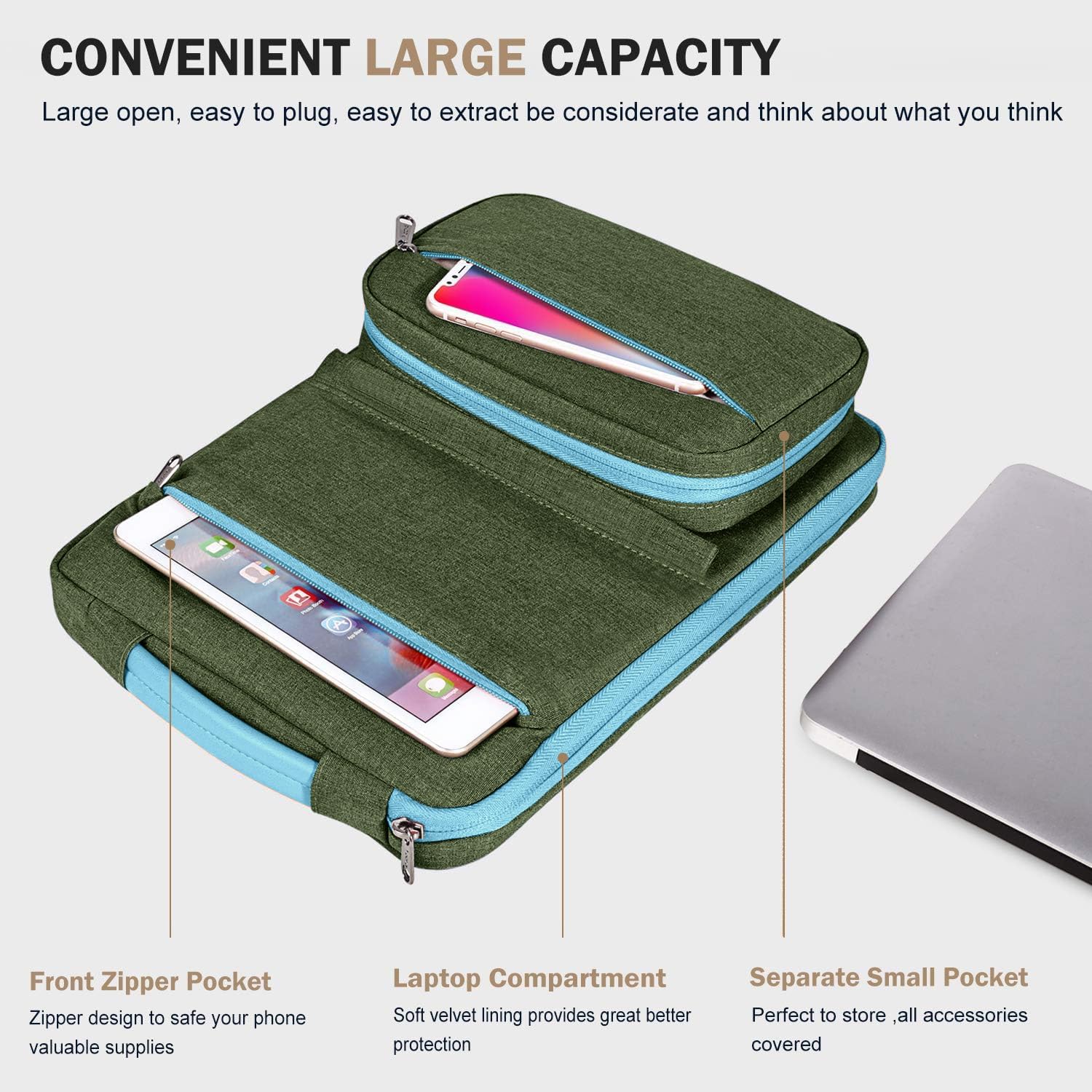 Voova Laptop Sleeve Case 15.6 Inch Compatible with MacBook Air 15 M2/M3/M4, MacBook Pro 15/16, 15-16" Hp Lenovo Dell Acer, 2 in 1 Waterproof Computer Bag with Detachable Accessory Pouch, Army Green