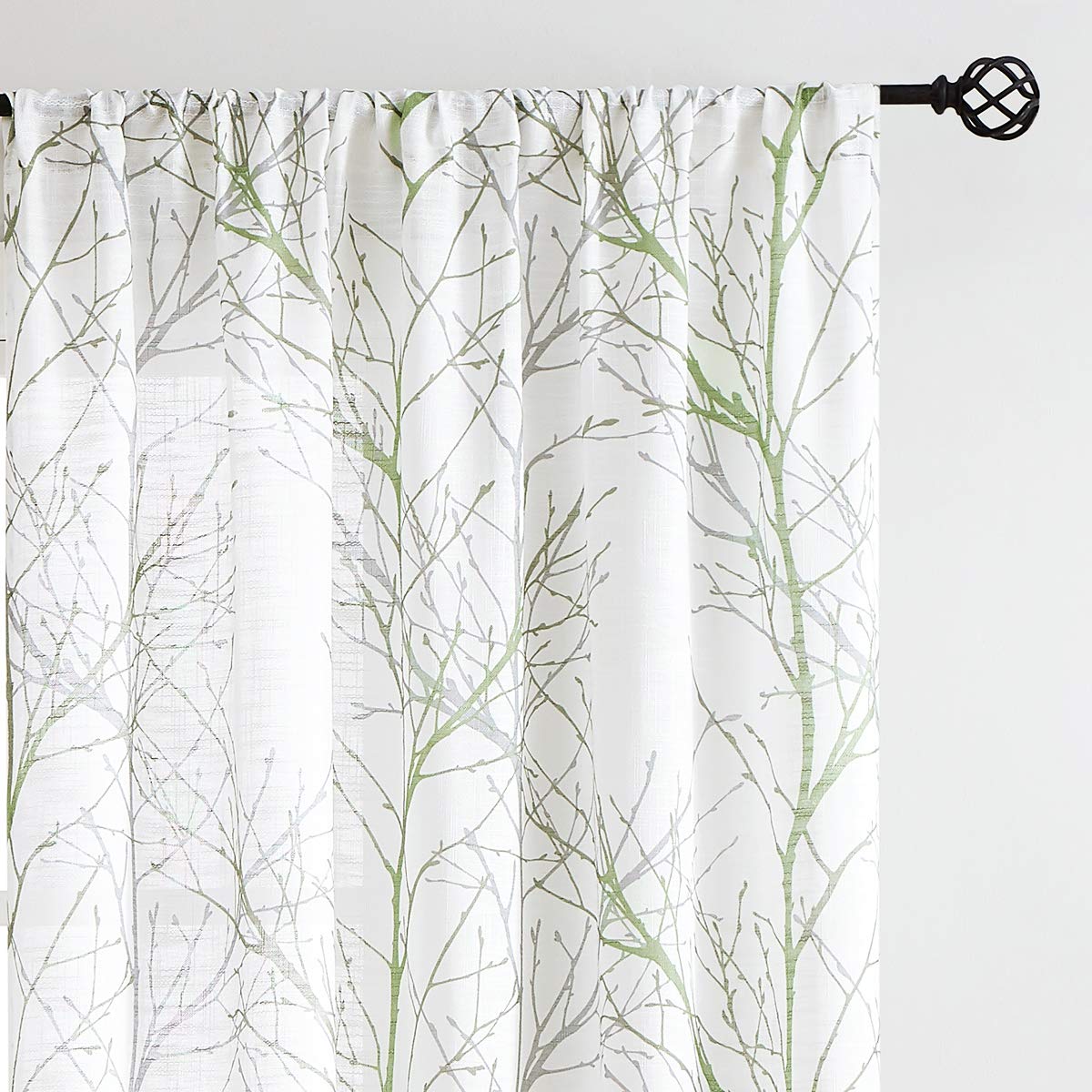 FMFUNCTEX White Semi-Sheer Green Curtains 96-inches Long White Grey Branches Printing Window Treatment Panels for Living Room Tree Curtain Drapes for Bedroom Kitchen 1 Pair Rod Pocket