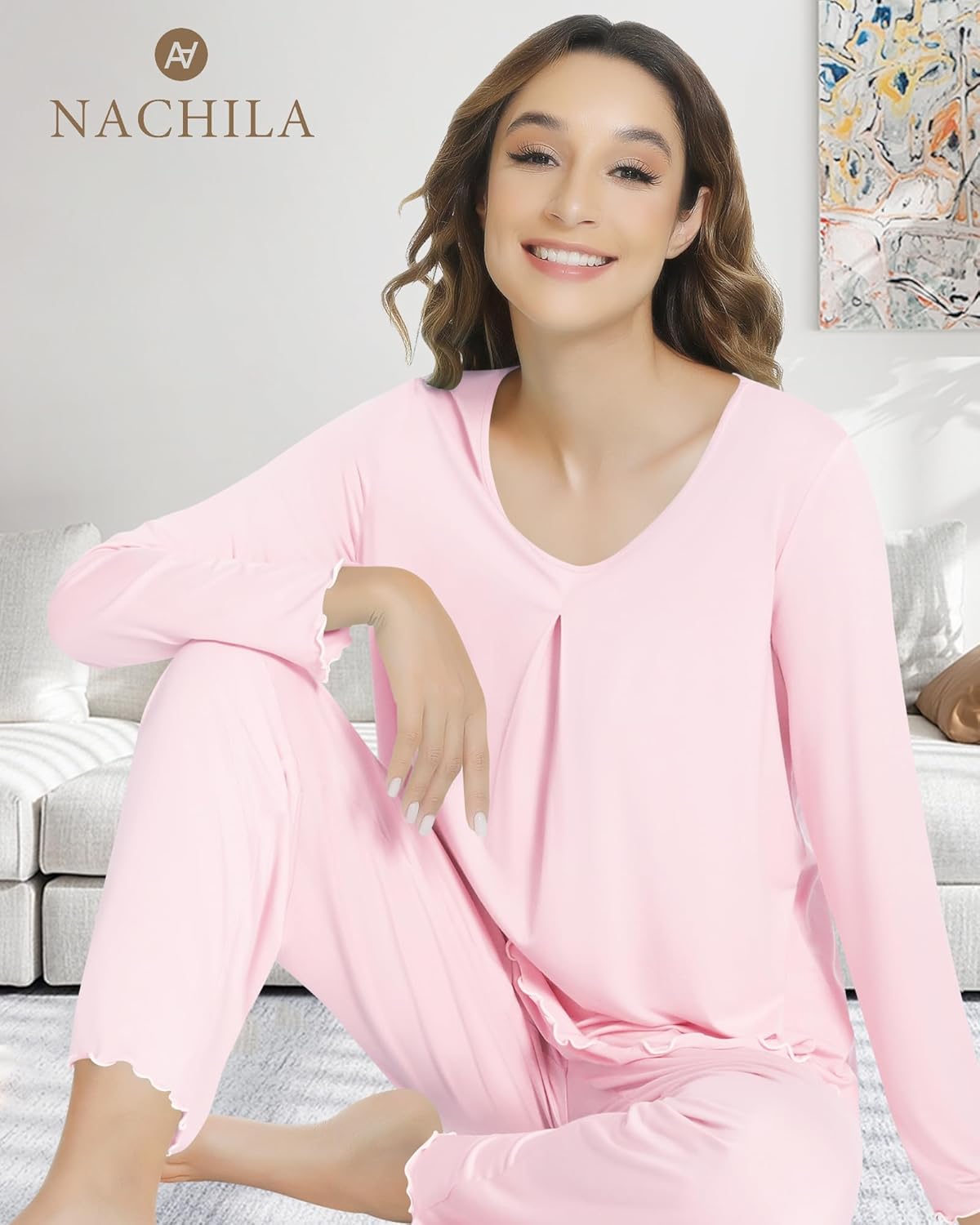 NACHILA Pajamas for Women Long Sleeve Sleepwear Comfy Pants Pajama Set Pleated Pjs with Pocket,Viscose Made from Bamboo - Image 4