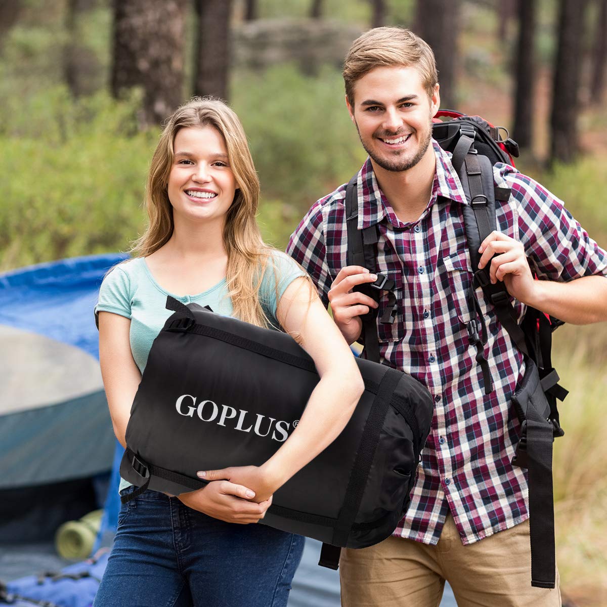 COSTWAY Sac de Couchage pour 2 Personnes avec 2 Oreillers Résistant au Vent et Imperméable Idéal pour la Randonnée, Les Voyages, Le Camping, et Les Activités Extérieures