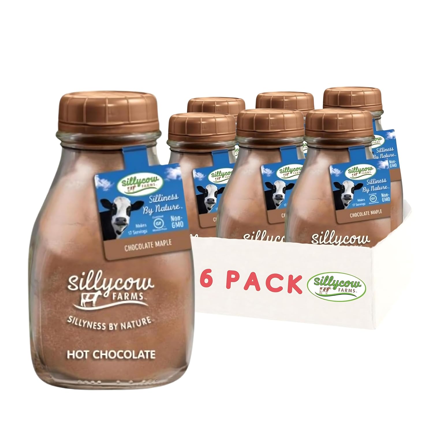 Sillycow Farms Hot Chocolate Mix Udderly Milk | Rich Hot Cocoa Delight | Gluten-Free, Non-GMO, Dairy-Free | Pure Cocoa and Vanilla Flavor | 16.9 Oz Reusable Glass Bottle - Pack of 6