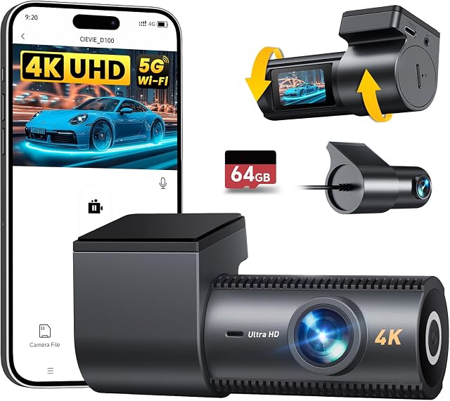 4K Dash Cam Front and Rear with 64GB SD Card, 5GHz WiFi, 24H Parking Mode | Car Camera with 1.5-Inch IPS Display, G-Sensor, Night Vision, 170° Wide-Angle Coverage, Loop Recording and App Control