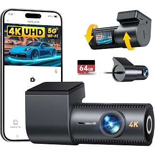 4K Dash Cam Front and Rear, 64GB SD Card, 1.5” IPS Display Car Camera, 5Ghz WiFi+App Control, Night Vision, 24H Parking Mode, G-Sensor, WDR, 170° Wide Angle, 4K+1080P Dual Dash Camera for Cars - Amazon product rated Grade A