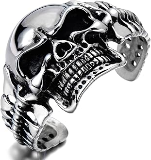 Heavy and Study Mens Stainless Steel Biker Skull Cuff Bangle Bracelet Silver Black Two-Tone Polished