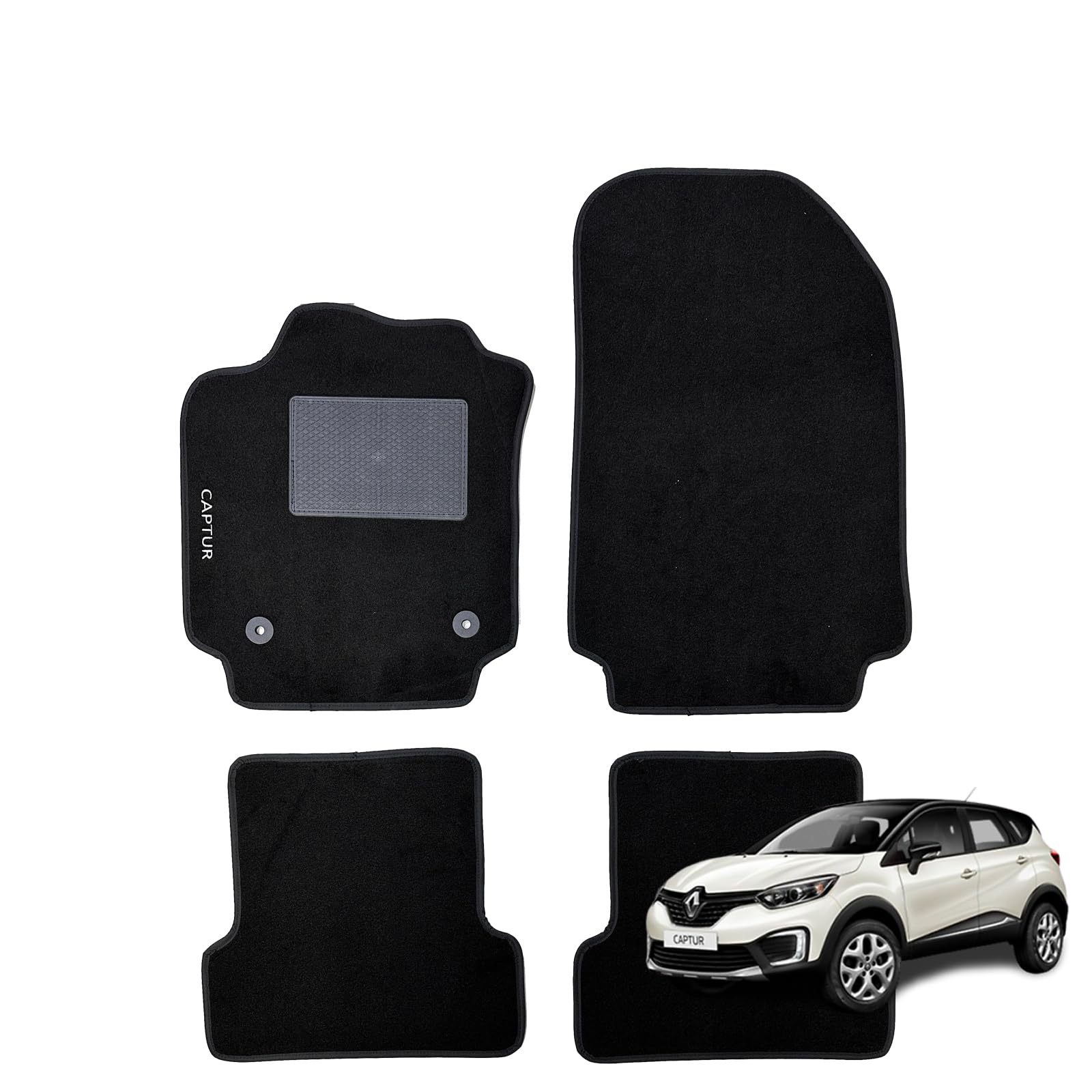 W-Parts Serie 4 TAPPETI - TAPPETINI in Moquette Neri per CAPTUR dal 2013 al 2019 con battitacco Cucito, Bottoni di Fissaggio e Striscia Antiscivolo
