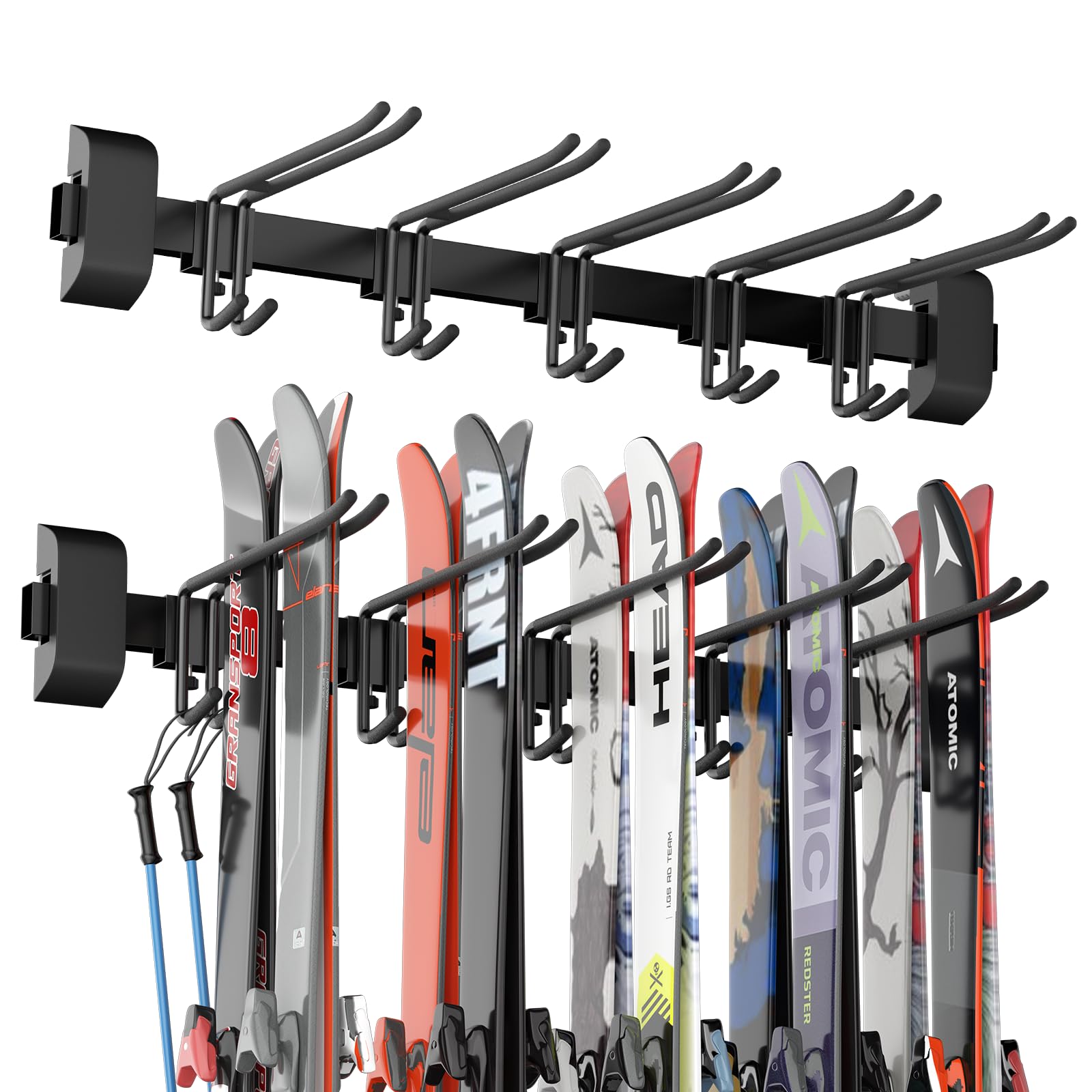 32" Ski & Snowboard Wall Rack - Heavy-Duty Wall Mounted Ski Storage for Garage, Holds 10 Pairs with 5 Adjustable Hooks, 300lbs Capacity, Non-Slip Rubber, Easy Install | Ski Holders for Wall