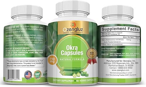 Miniatura 2 de Suplementos de cápsulas Okra. 1 botella (750 mg) 60 cápsulas vegetales para el bienestar de todo el cuerpo