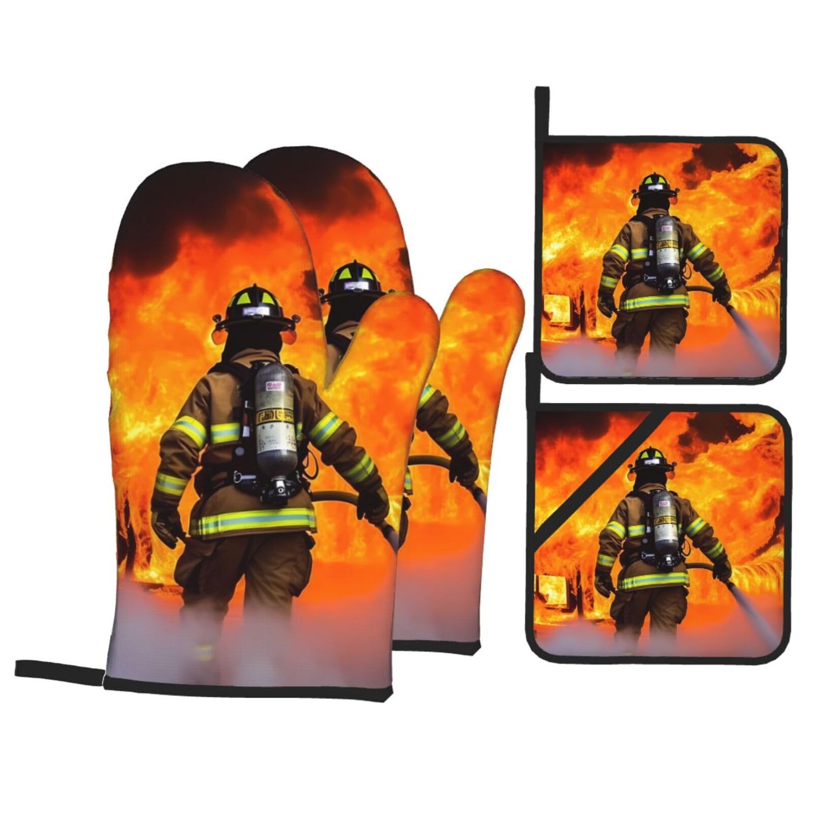 Firefighter Fireman Flame Printed Oven Mitts And Pot Holders Sets Of 4 Heat Resistant Non-Slip Oven Gloves For Kitchen Cooking Baking Bbq