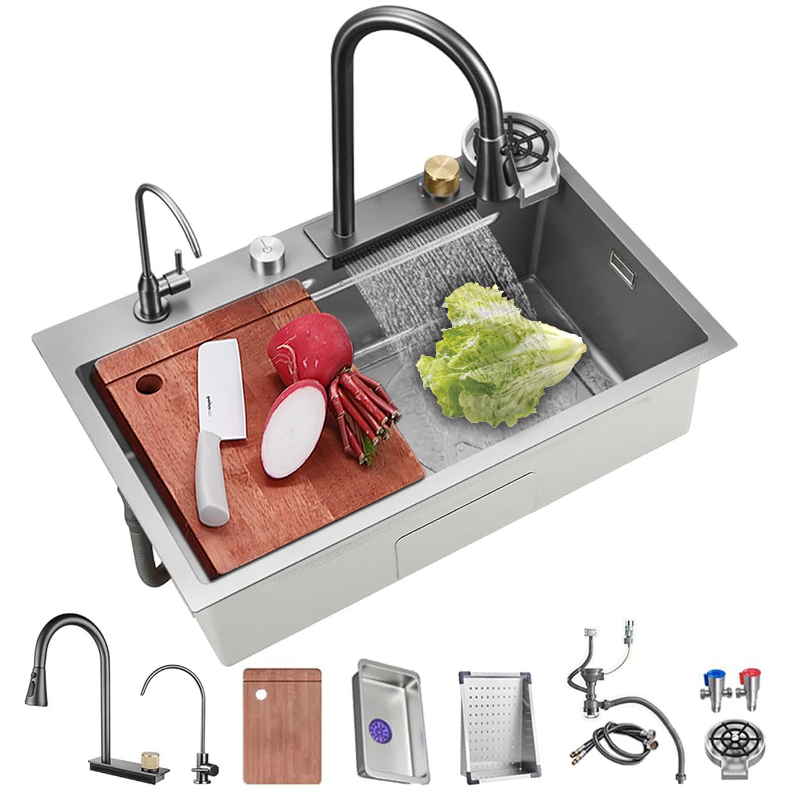 Évier de cuisine cascade 85x45cm en inox gris avec robinet rétractable
