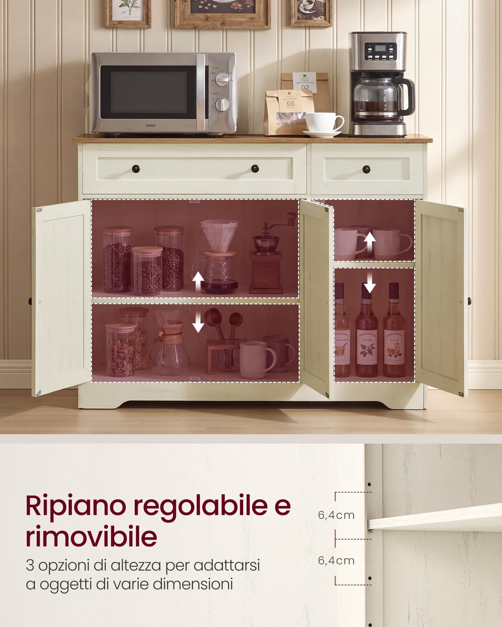 VASAGLE Siren Collezione Credenza Madia, Mobile Soggiorno in Truciolato, Buffet per Cucina e Ingresso, Ripiani Regolabili, 106,8 x 40 x 80 cm, Bianco Nuvola, LSC531WJ01