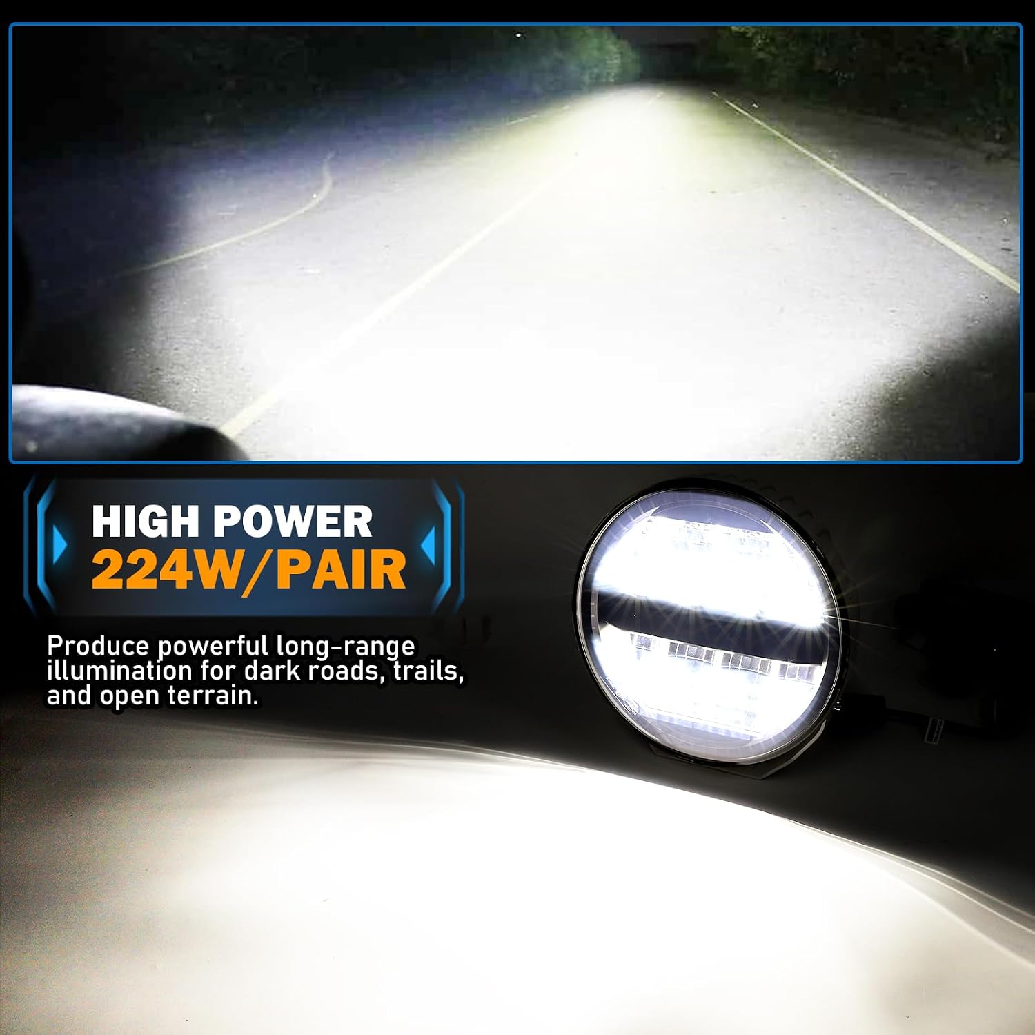 OPP ULITE Round Led Driving Lights 9inch with RGB Halo, 2PC 224W 6500K Cool White Smartphone APP Control 236-Modes Offroad Wiring Harness Work Pod Light for Trucks SUV Pickup UTV, White Body image 2