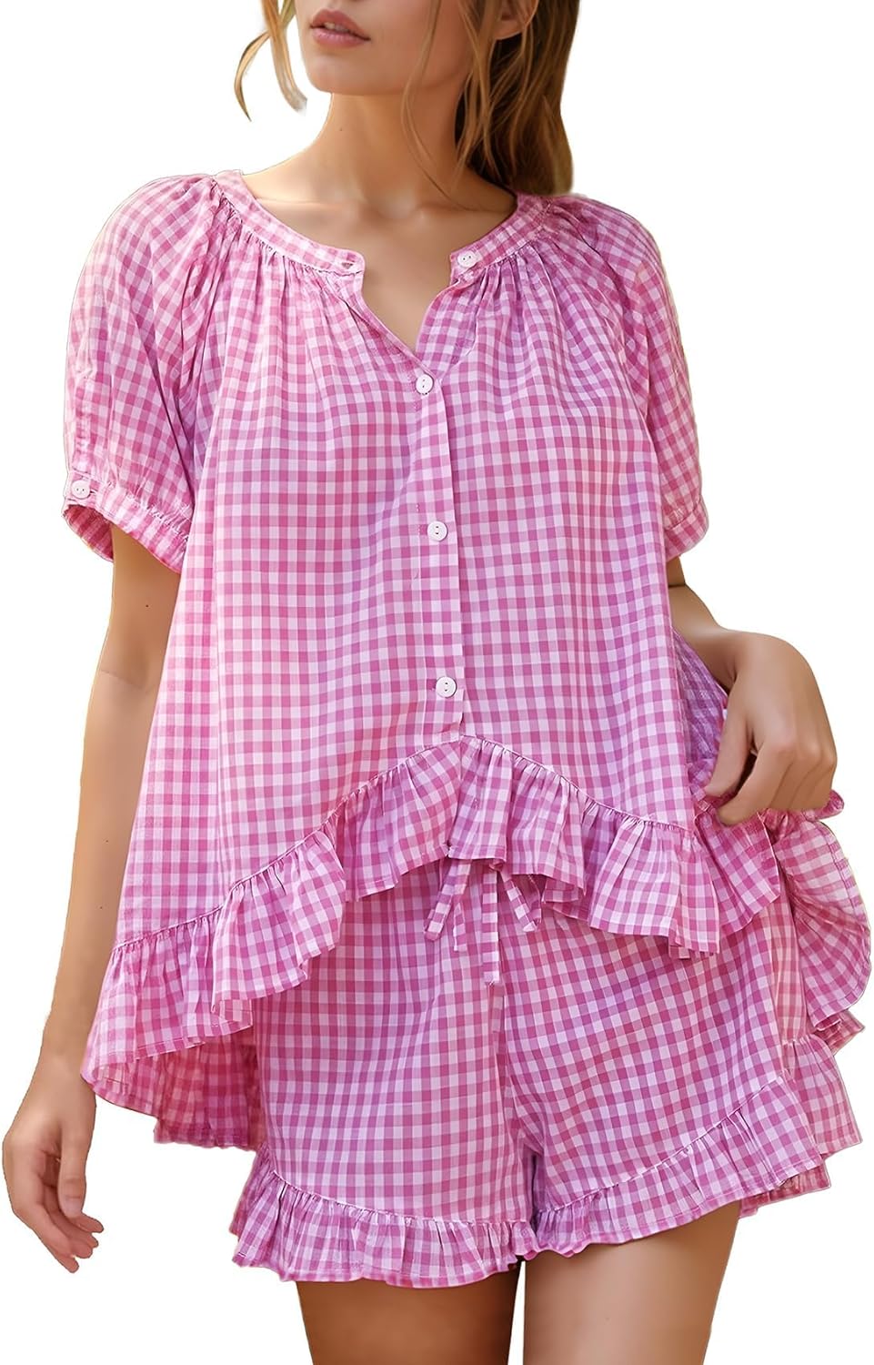 Flygo Womens Gingham Pajamas Set 2 Piece Cotton Pj Lounge Sets Puff Sleeve Ruffle Babydoll Shirt Shorts Summer Outfits