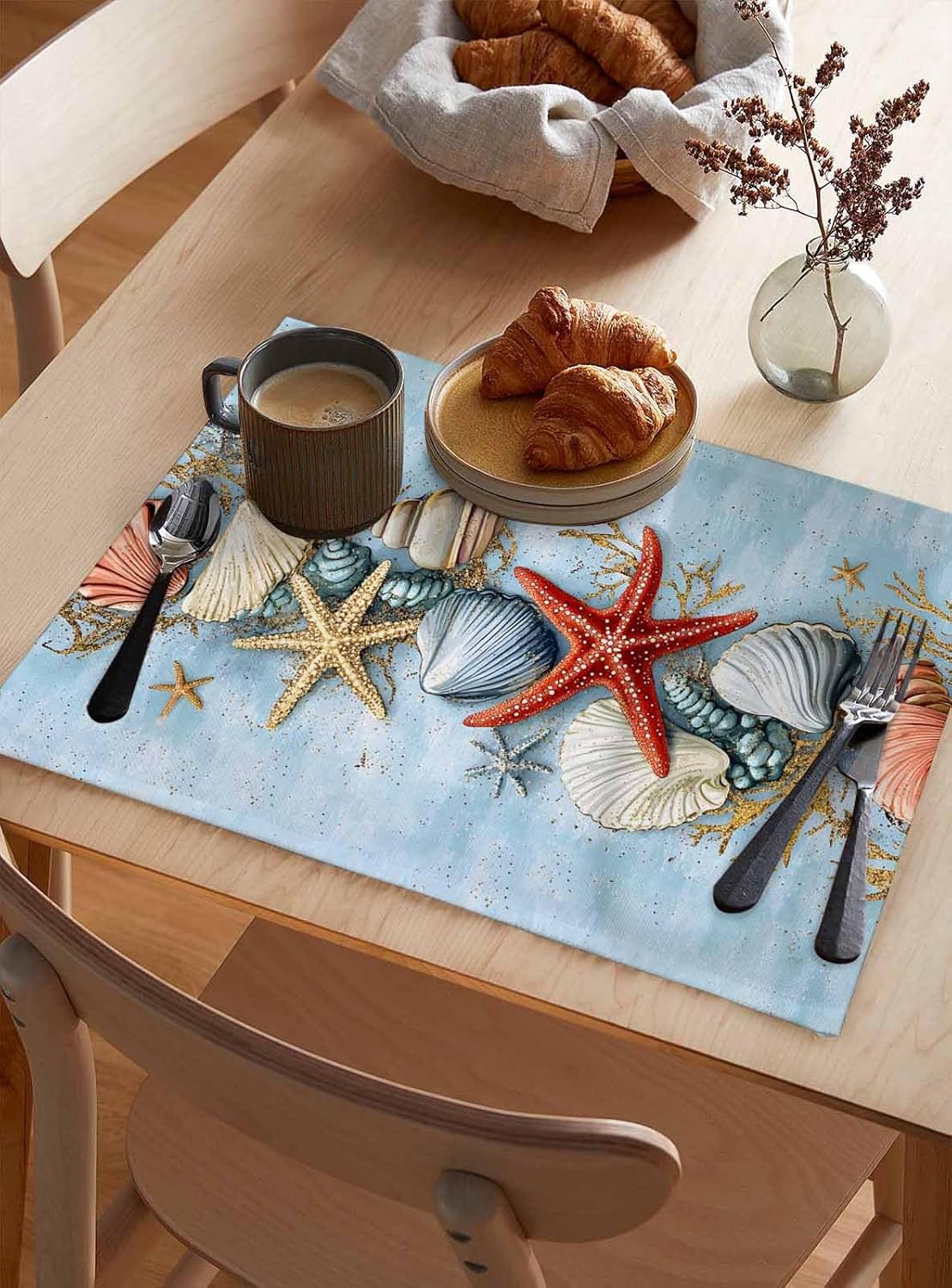 Summer Starfish Shell Coral Placemats Set of 6 Washable Table Mats for Kitchen Dining Table, Heat Insulation Cotton Linen Place Mats for Indoor Outdoor Parties Holiday Decoration, Blue Beach