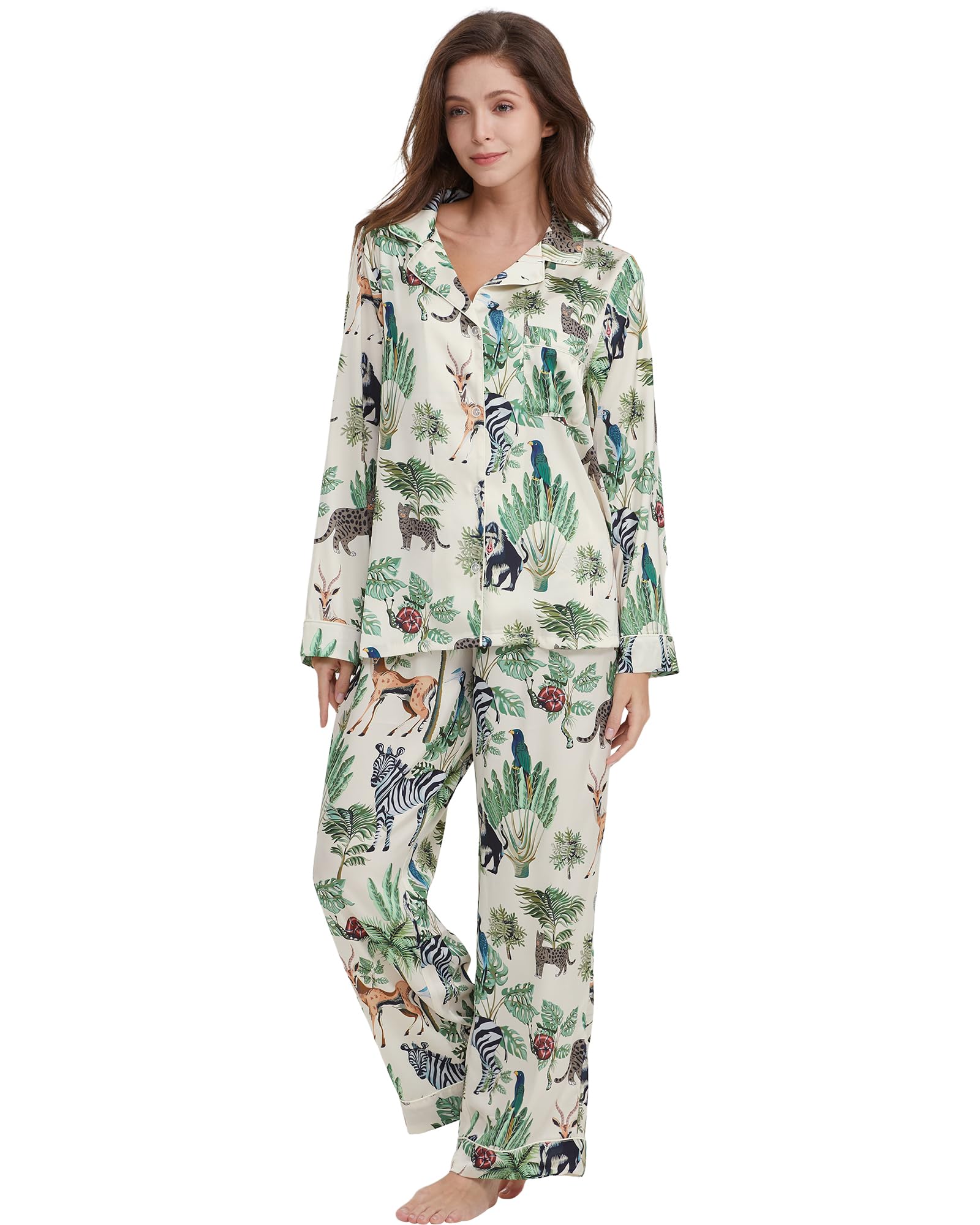 YiNi LuLu Conjunto de pijama de satén de seda para mujer, pijama de 2 piezas con botones, manga larga, ropa de dormir de gran tamaño con bolsillos