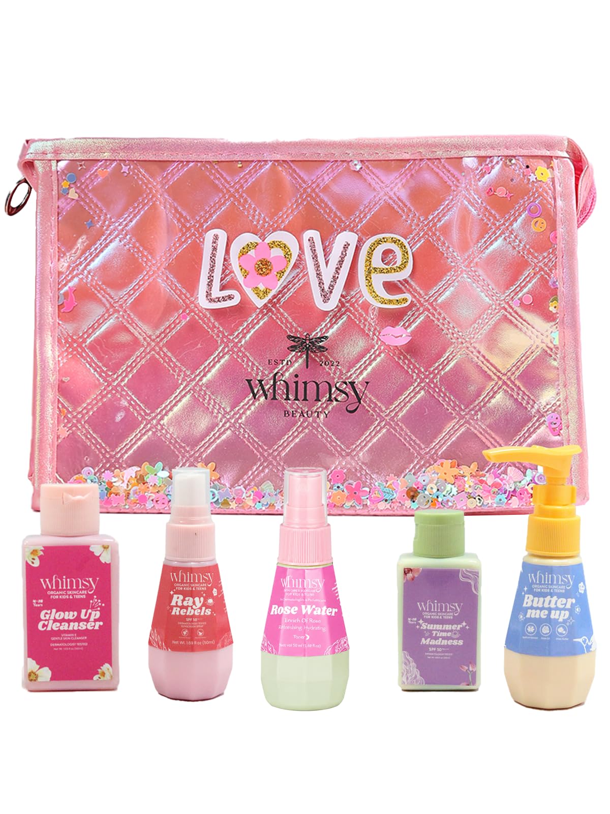 Whimsy Beauty Mini Body Care Love Pouch Kit (Pack of 5) | Moisturizer, Bodywash, Cleanser, Rose Water & Sunscreen for Kids & Pre-Teens-image-1
