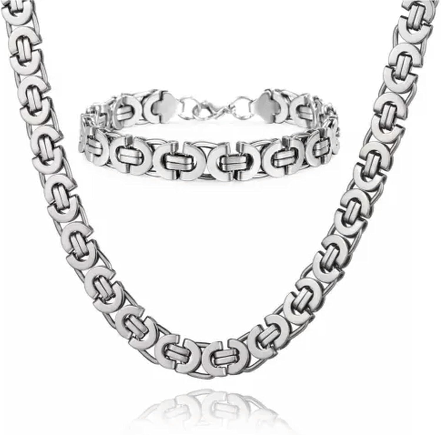 11mm Men's Silver Flat Byzantine Chain Necklace Bracelet Set Stainless Steel