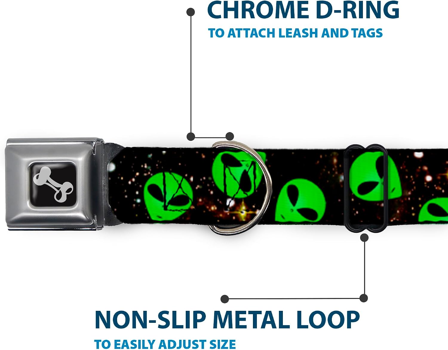 Dog Collar Seatbelt Buckle Aliens Head Scattered Galaxy2 Green Black 18 to 32 Inches 1.5 Inch Wide