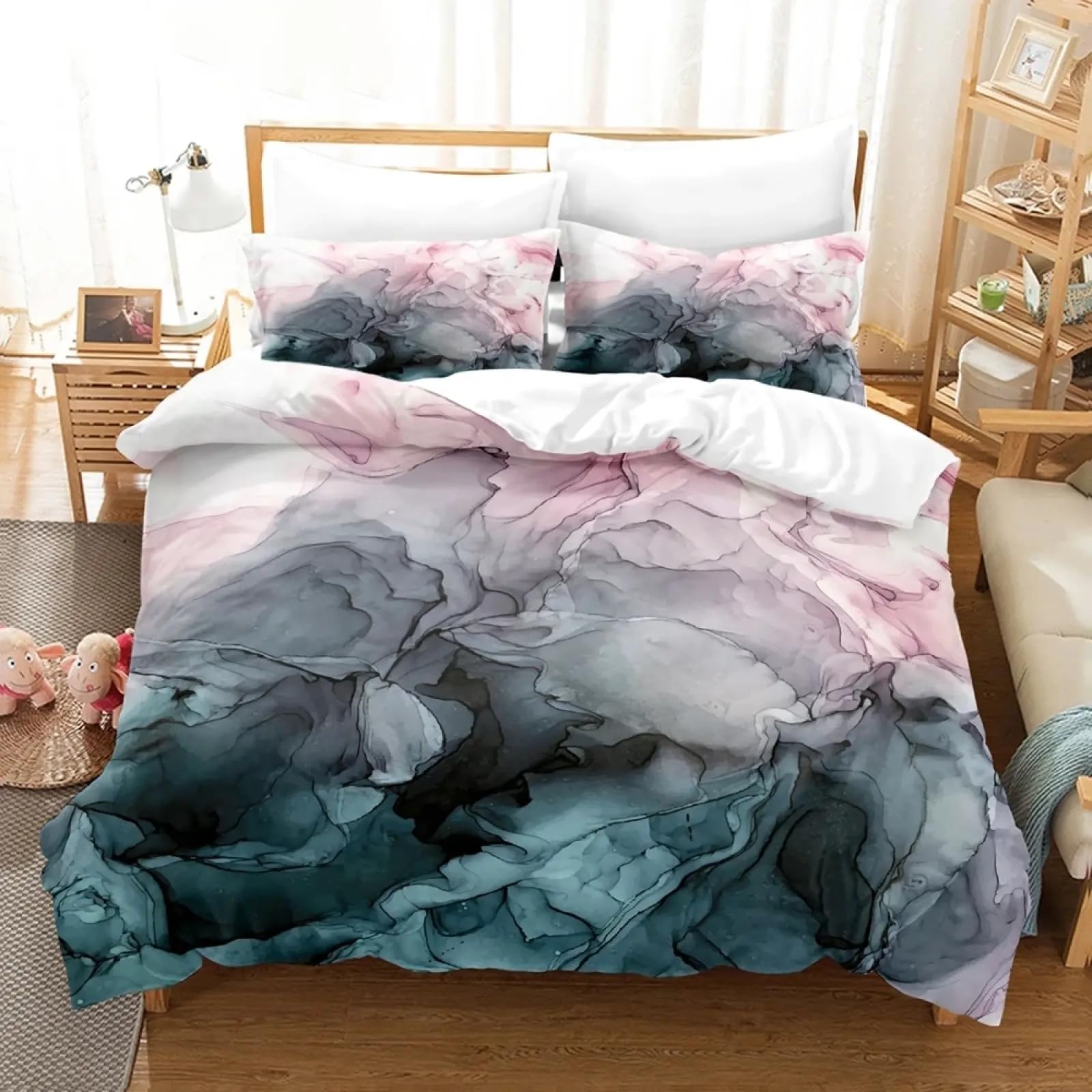 Parure de lit 260x220 marbre 3D bleu noir, housse de couette géométrique simple Queen King