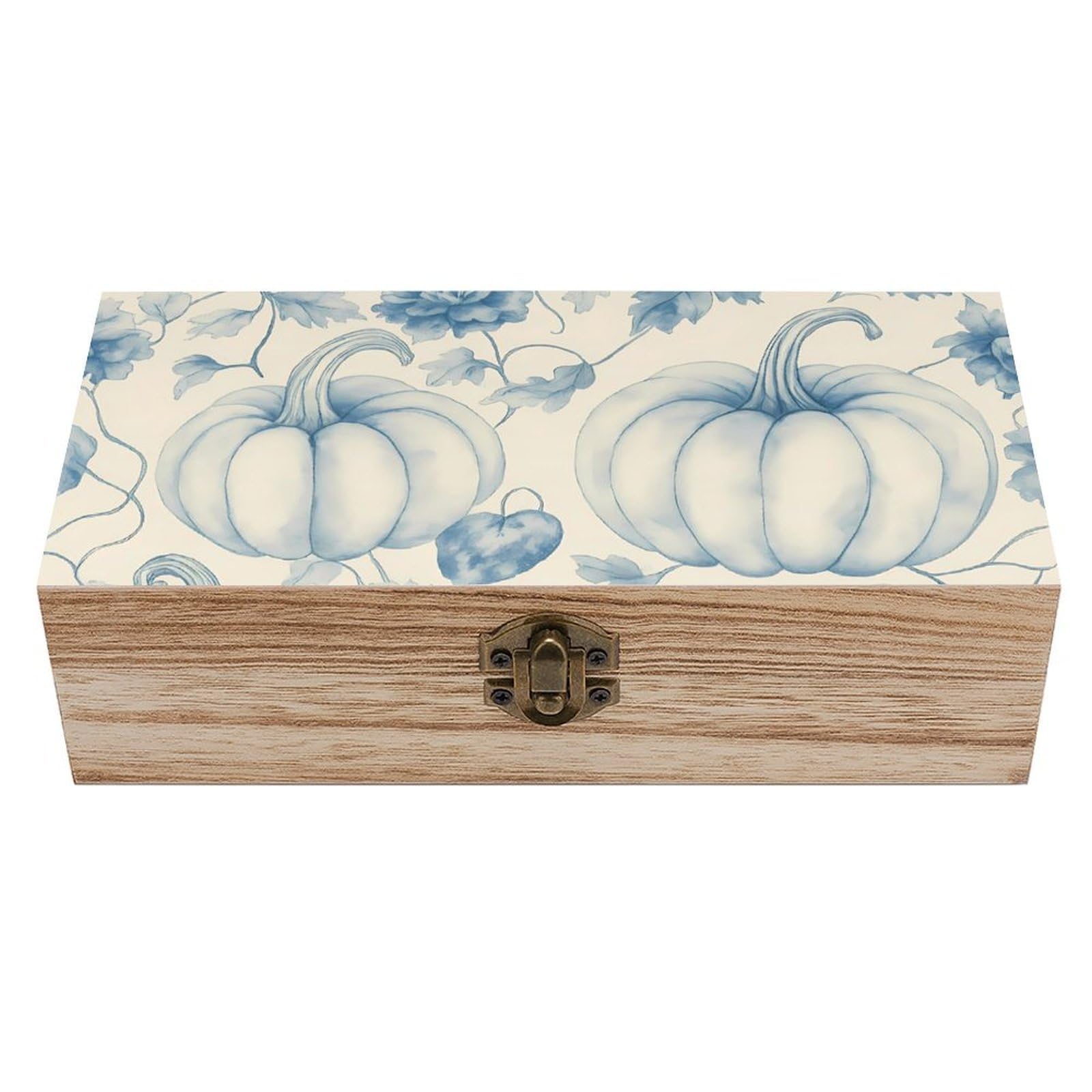 HLBSDM Blue Pumpkins with Flowers Retro Wooden Storage Box Jewelry Art Gift Boxs Decorative Keepsake Boxes