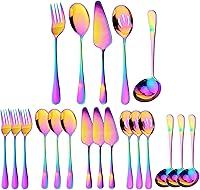 Vista 8 de Juego de cubiertos de acero inoxidable para anfitriona, 5 piezas, utensilios de servir arcoíris, incluye servidor de pasteles, cuchara de servir