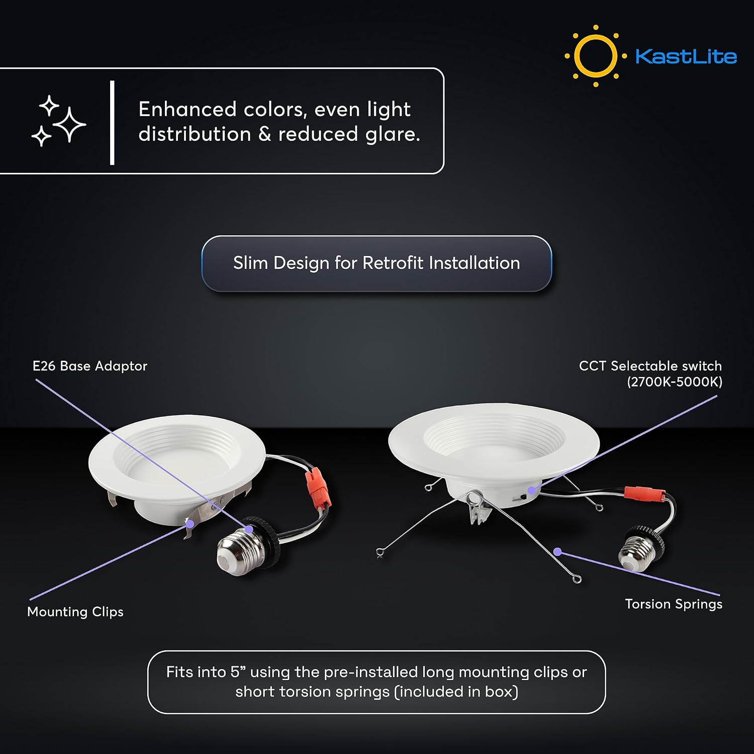 KASTLITE 4 in. LED Recessed Ceiling Light, 5CCT (2700K–5000K), 9W Retrofit Downlight with Tension Clips, 600 Lumens, Dimmable, Wet Rated, White Trim – Energy Star | 8-Pack