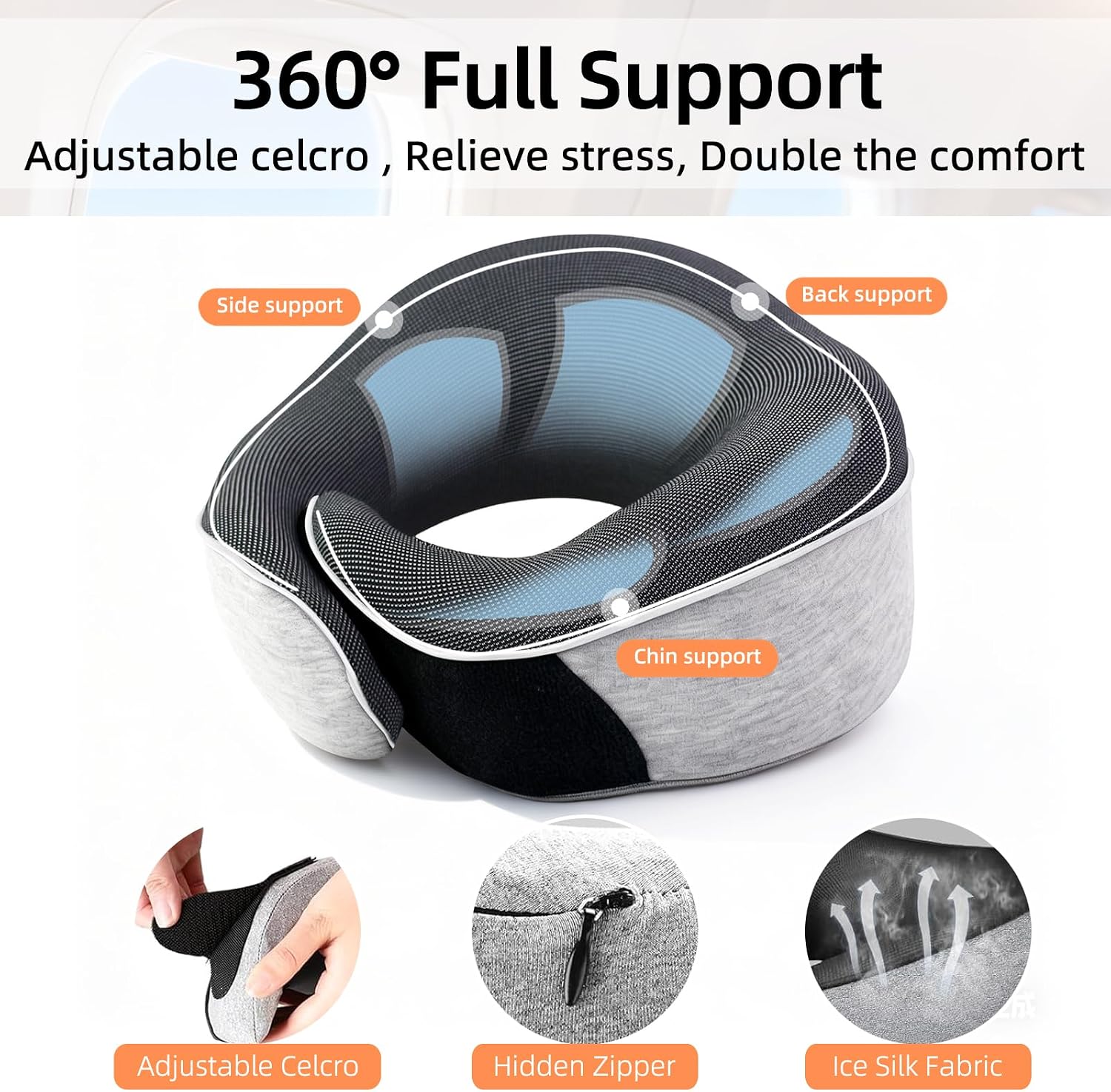 Travel Neck Pillows for Airplanes with Portable Carry Bag - (Grey) | 360° Support Memory Foam Travel Pillow Including Eye Mask & Earplugs, Gift for Long Flights, Car Rides & Office Naps