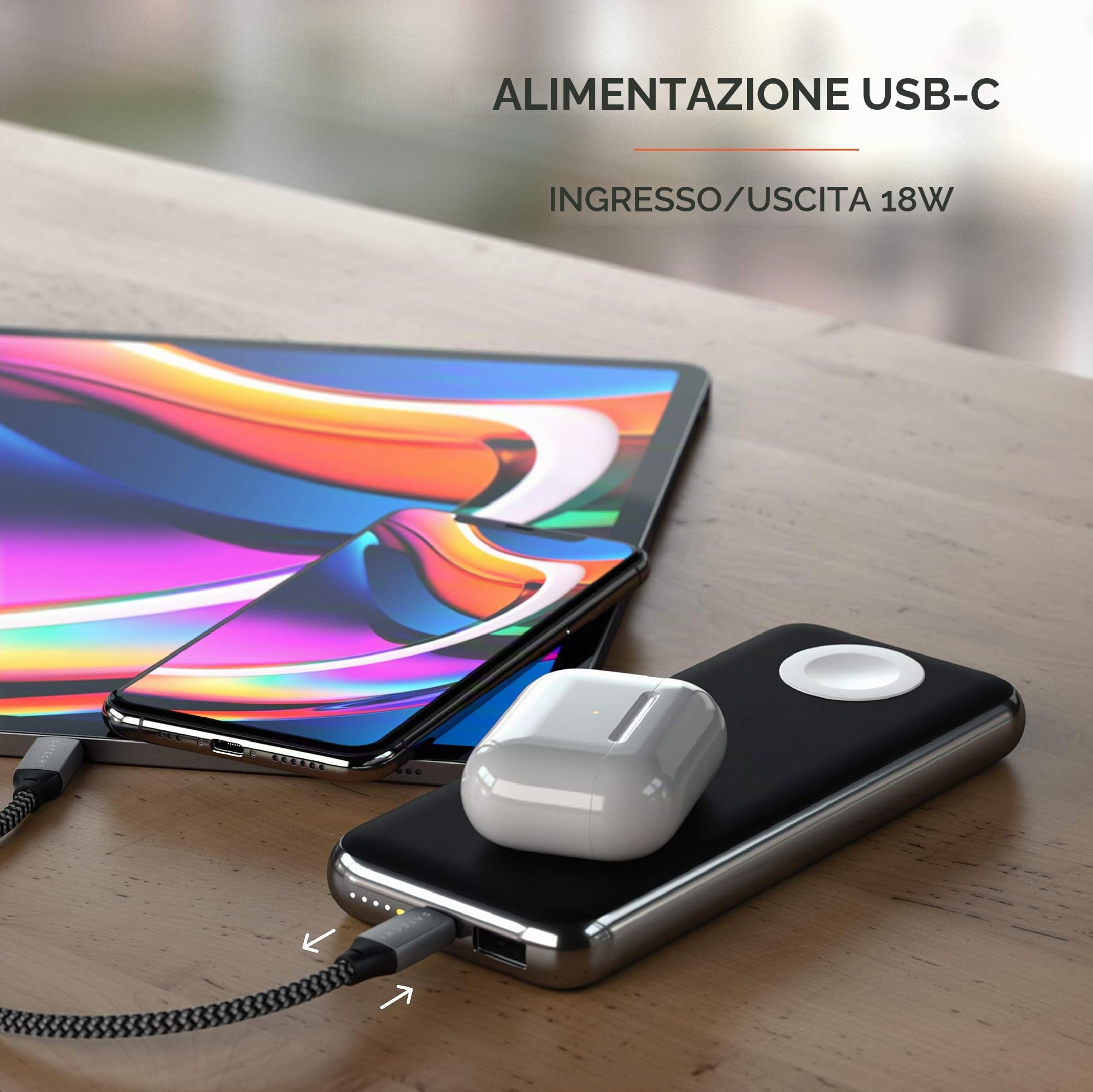 SATECHI Power Bank Wireless Quatro 10000mAh | Ricarica Serie iPhone 17-12, Apple Watch e AirPods, tutto in un'unica batteria portatile