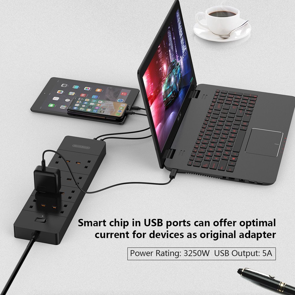 Extension Lead 8 Way NTONPOWER Wall Mountable Multi Plug Extension with