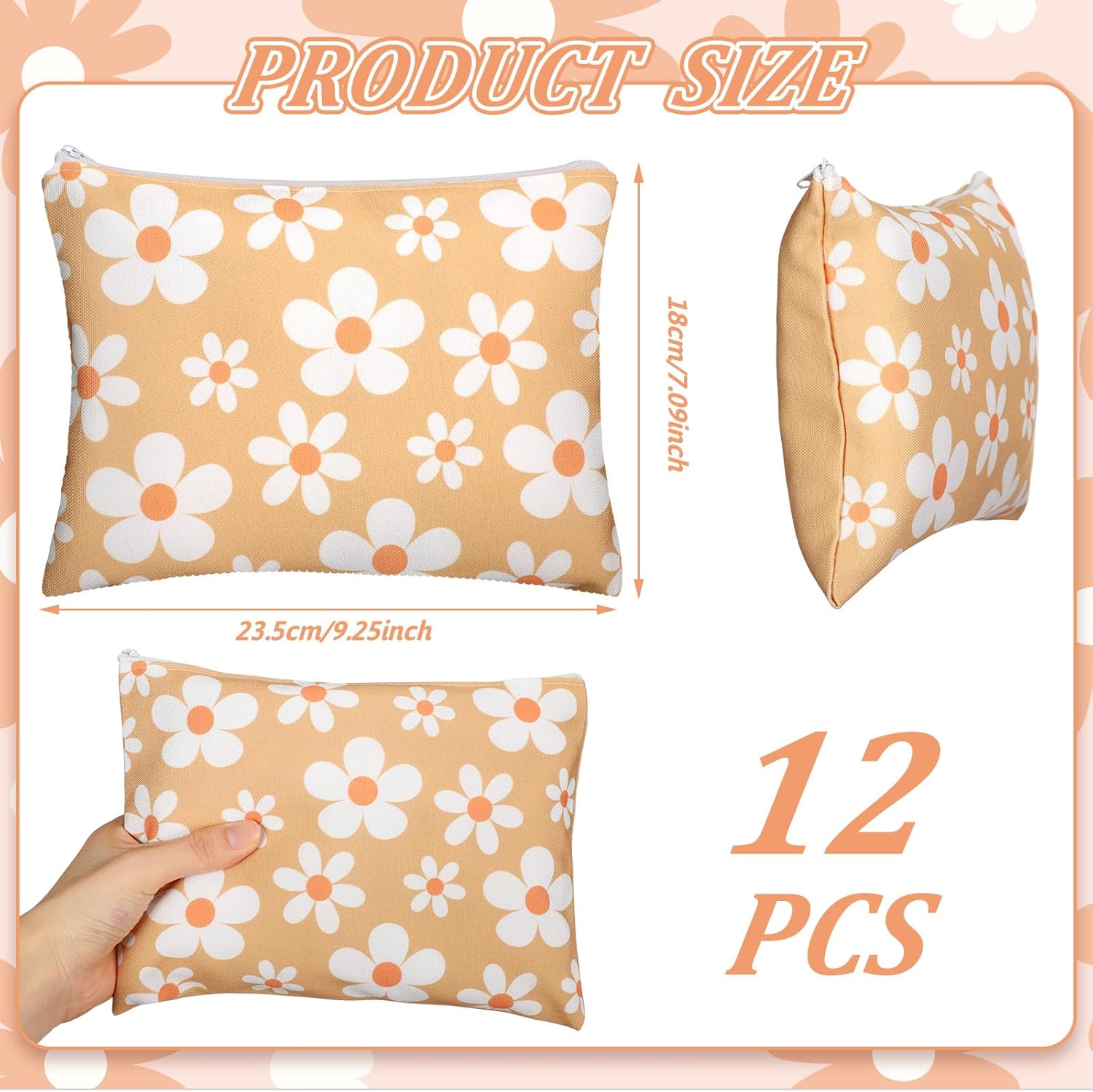 Kajaia 12 Pcs Daisy Canvas Makeup Bags Bulk, Flower Cosmetic Zipper Purse Bag Portable Daisy Floral Travel Toiletry Pouch Party Favors for Women Girls Teacher Friend Stuff Birthday Valentines Gifts - Image 2