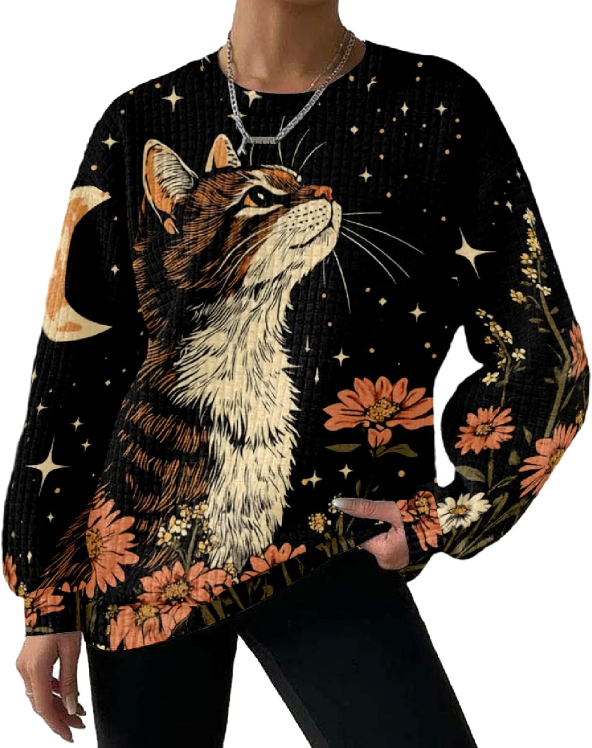 Waffle Sweatshirt Women Cute Funny Long Sleeve Crew Neck Fall Sweatshirts Cat Graphic Pullover Trendy Outfits