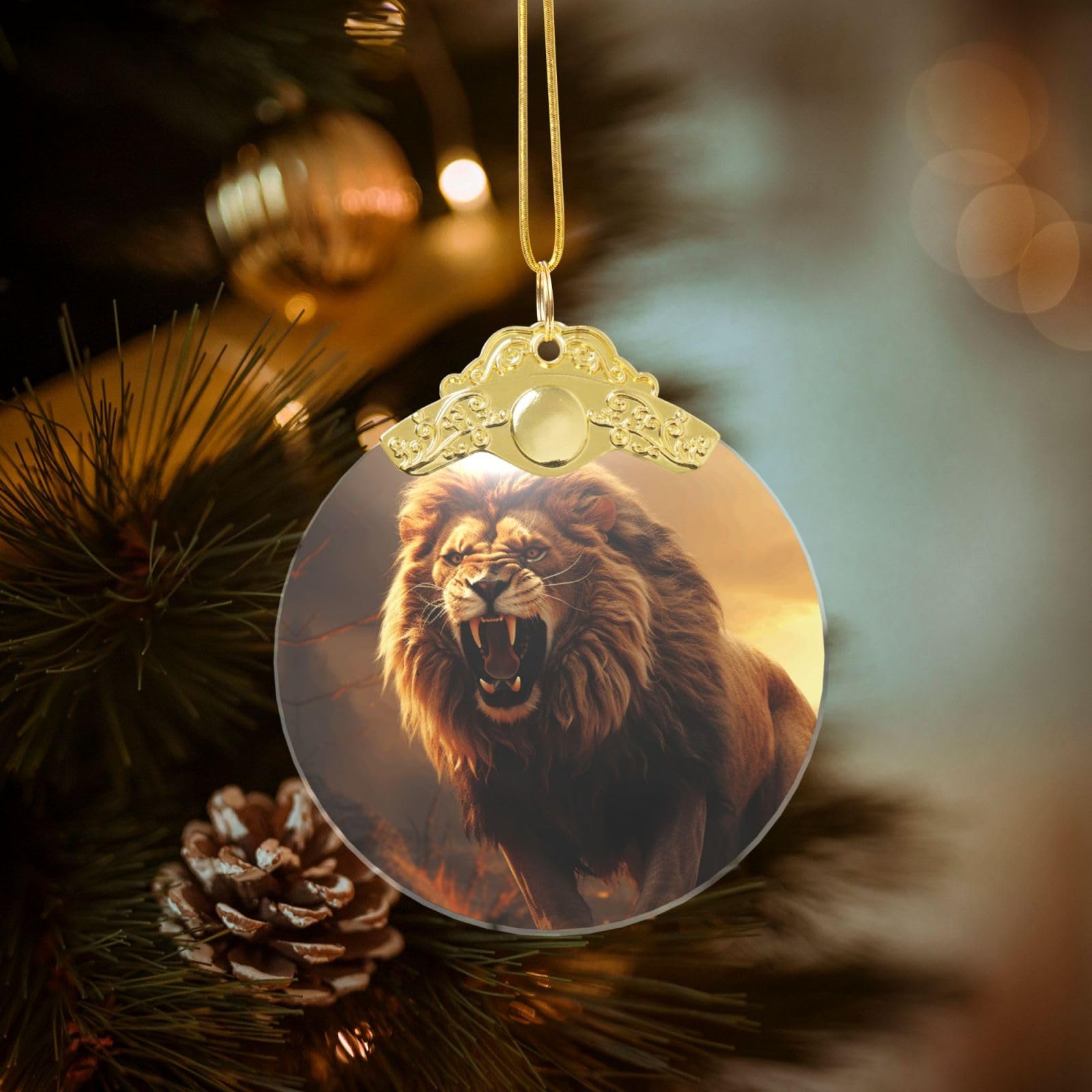 Angry Roaring Lion Christmas Ornament 2025, Round Glass Xmas Hanging Pendant for Xmas Tree Decoration,Cute Holiday Hanging Decorations Keepsake for New Year Family Party Wedding Decor