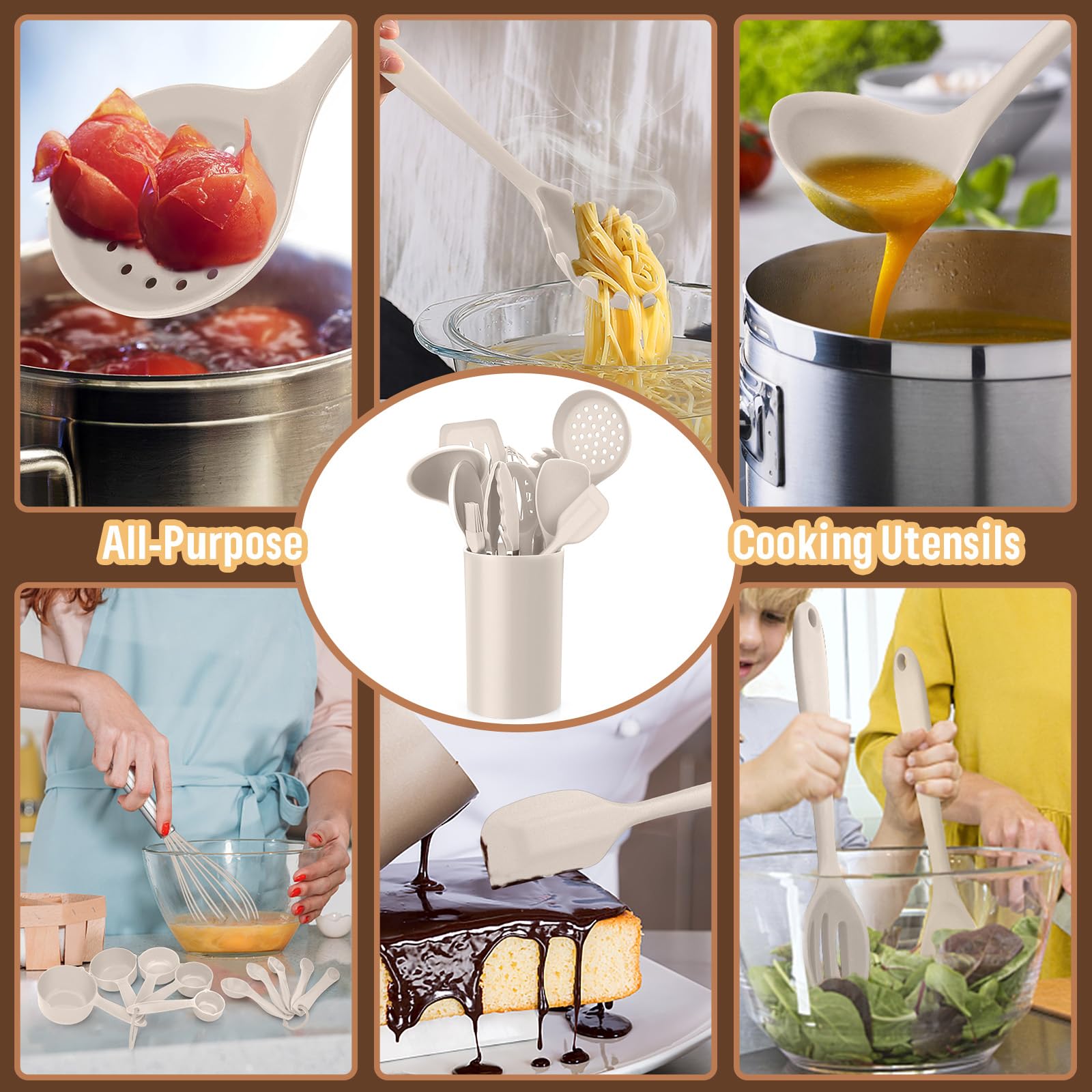 E-far - Juego de utensilios de cocina de silicona, 23 piezas, color caqui, con soporte para utensilios de cocina antiadherentes, incluye espátula/cucharón/cucharón/pinzas/volteador, resistente al
