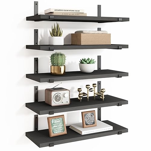 Fixwal Floating Shelves Set of 5, Width 4.7 Inches Black Wall Shelves, Rustic Wood Wall Storage Shelves for Bedroom, Living Room, Kitchen, Bathroom, Home Decor, Laundry Room, Office and Plants (Black) - Black - 5pcs