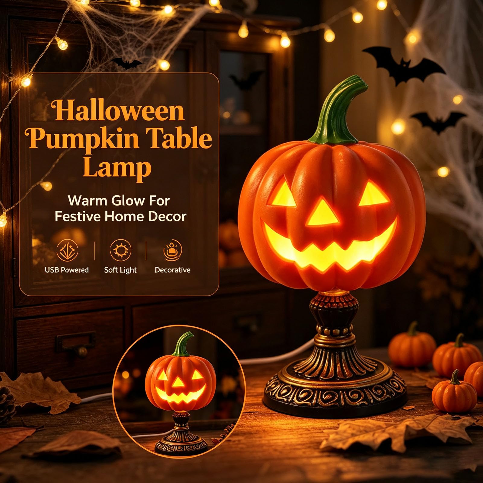 Lampa stołowa z motywem dyni na Halloween, zasilana przez USB lampka nocna LED