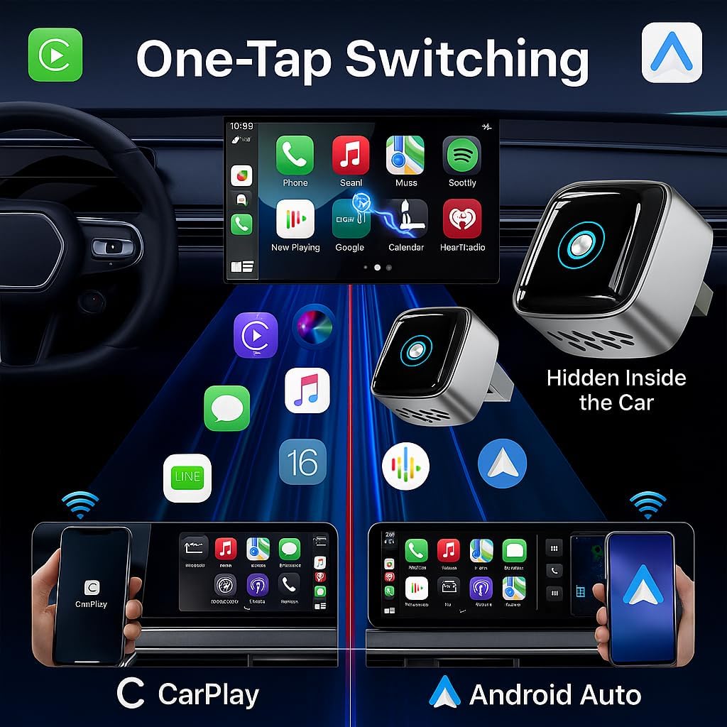 Wireless CarPlay Adapter & Wireless Android Auto Adapter, 2-in-1 Mini Dongle with Phone Switch, 5.8GHz Auto Reconnect, Plug & Play for Factory Wired Cars 2016+ - Black