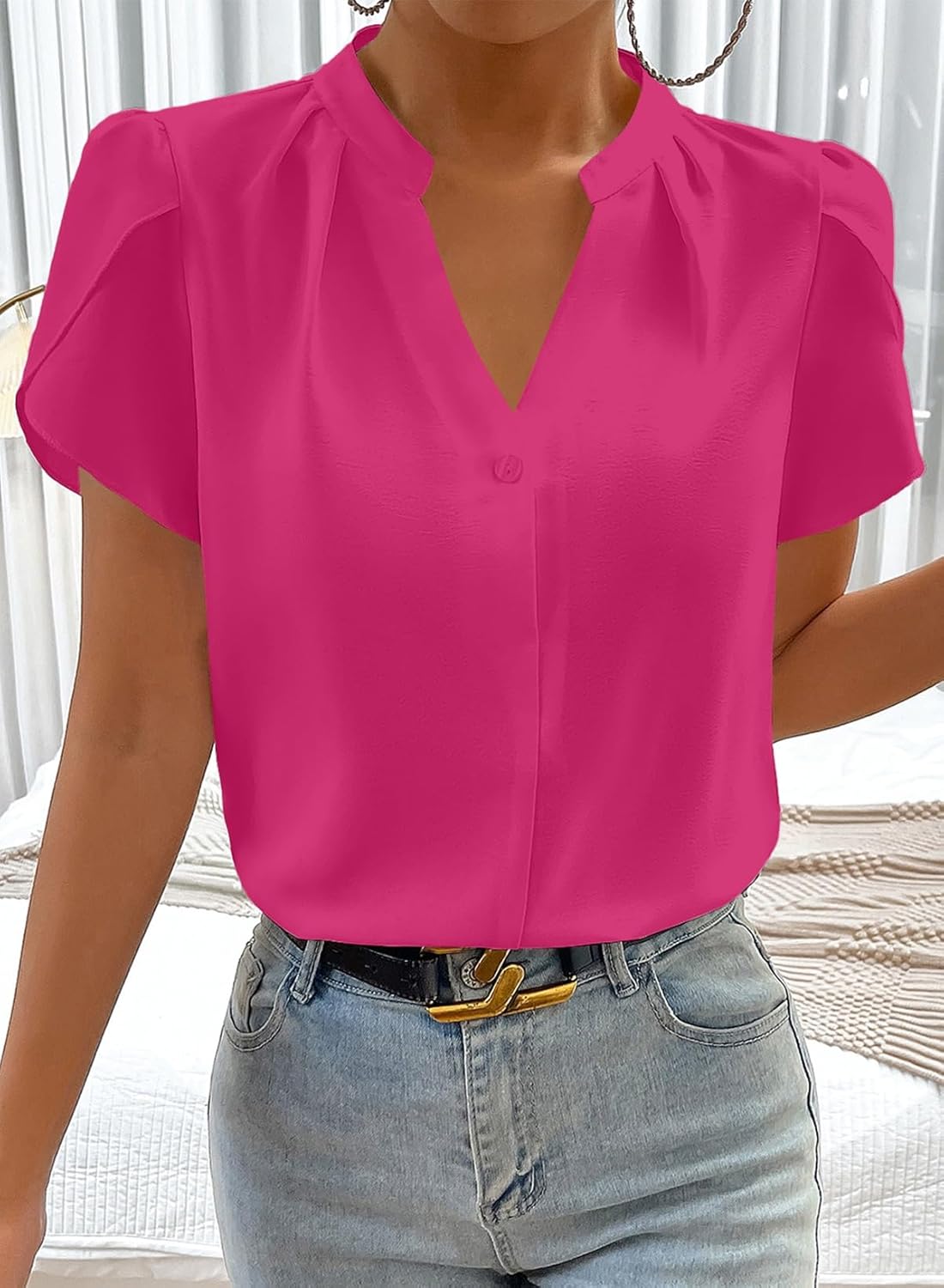Astylish Women's Dressy Notched V Neck Tops Business Work Cap Sleeve Chiffon Blouse Shirts - Image 4