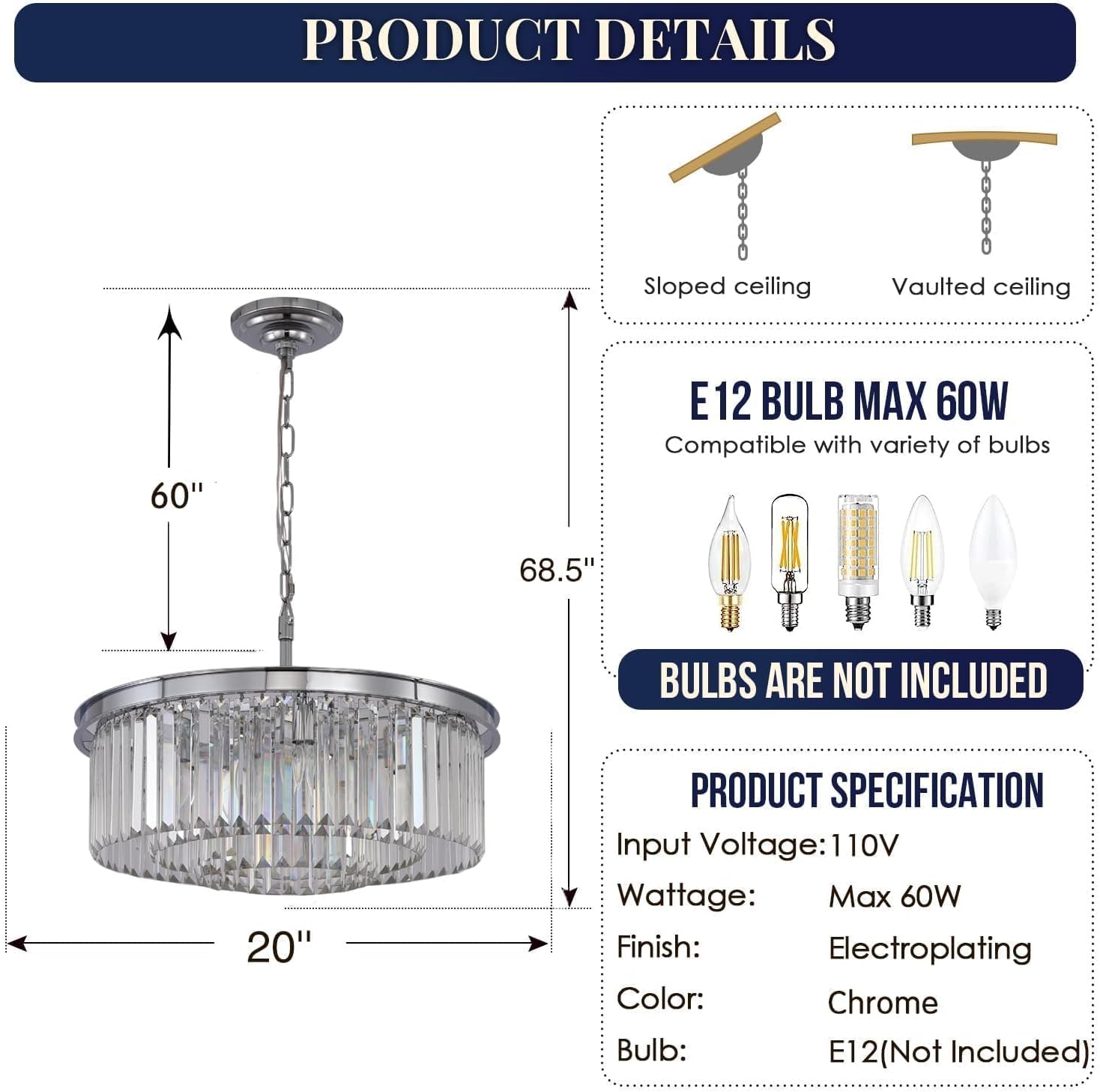 Crystal Chandelier Modern Chrome Chandeliers Lighting Pendant Ceiling Light Fixture 3-Tier for Dining Room Living Room Bedroom, W20''