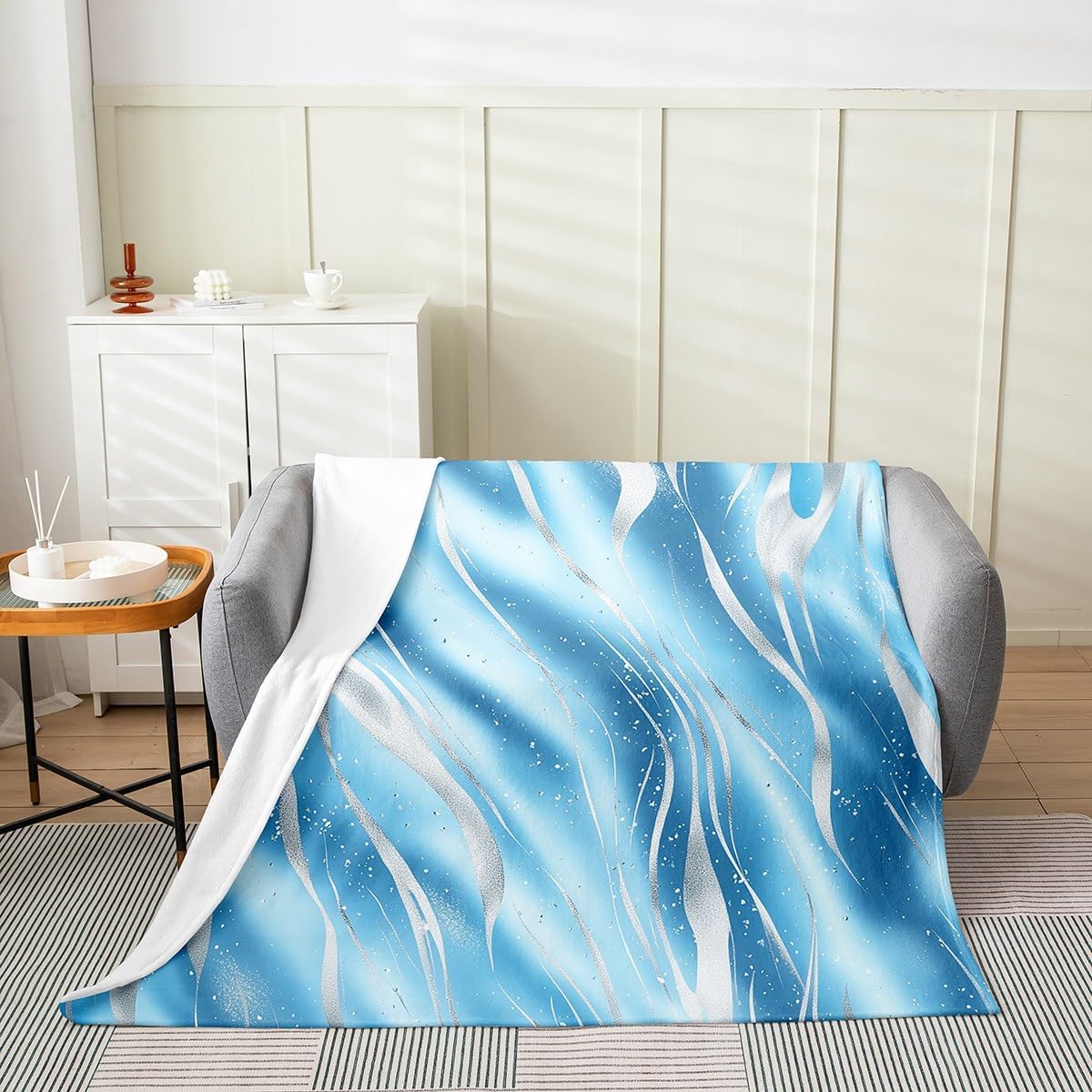 Castle Fairy Blue White Stripes Throw Blanket Watercolor Tie Dye Lines Simple Style Fleece Blanket for Kids Teens Adults Glitter Silver Graffiti Modern Flannel Blanket for Chairs Office Twin 60x80