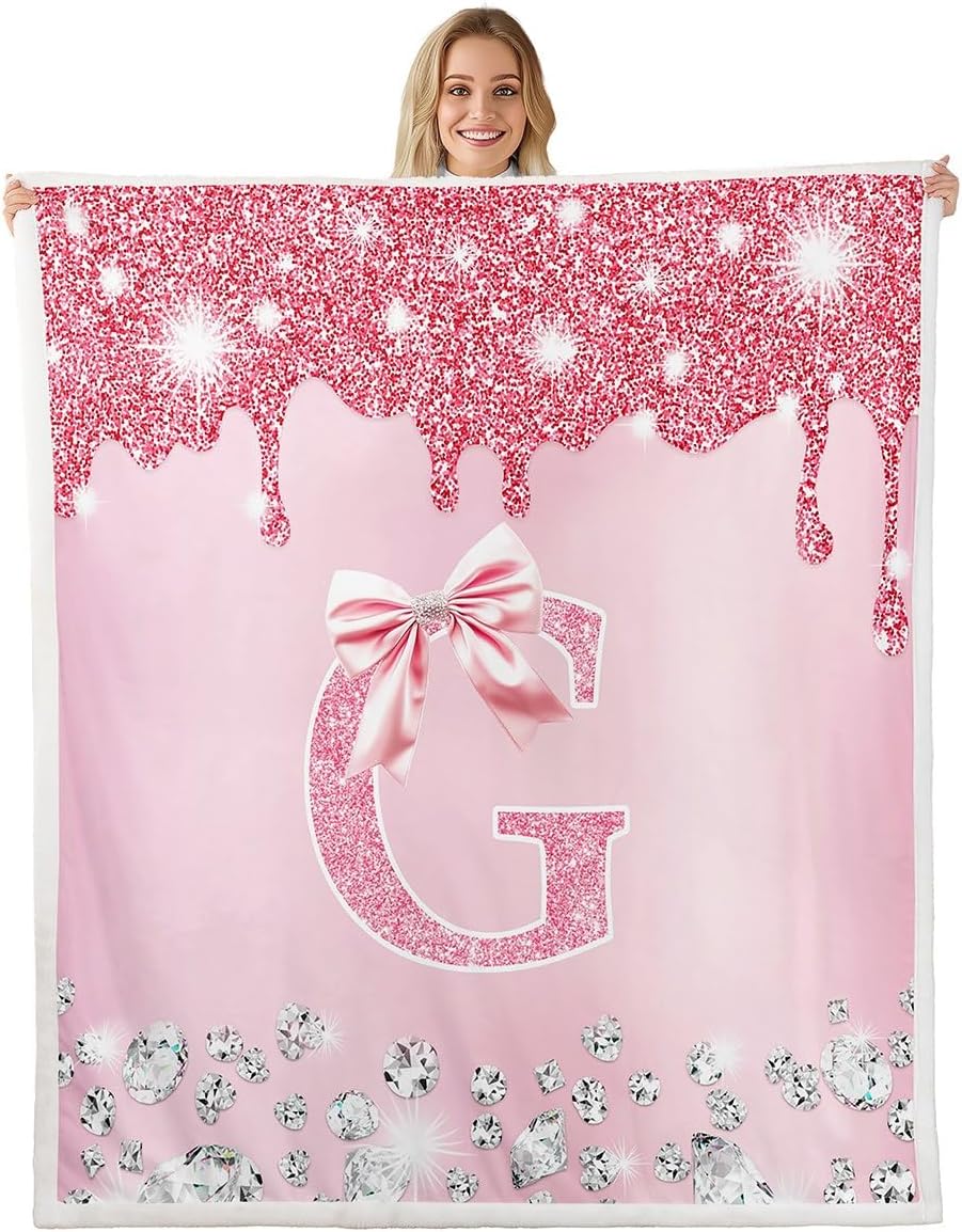 Erosebridal Girls Pink Bowknot Fleece Throw Blanket for Kids Personalized Initial G Sherpa Blanket Twin Size,Princess Glitter Diamond Fuzzy Plush, Dreamy Bow Monogrammed Blankets for Bedroom