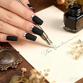 ELEVENAIL Matte Black Silver Metallic French Press on False Nails Medium Length Square Salon DIY Manicure Reusable Fake Acrylic Christmas Nail Art Tips with Jelly Adhesive Tabs Nail File