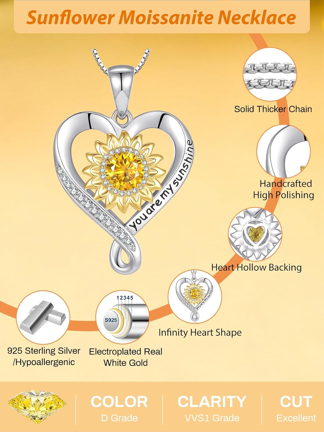 Sunflower Sterling-Silver Pendant Necklace for Women - Moissanite Anniversary Birthday Wedding Jewelry Gifts for Her|You are My Sunshine Flower Heart Infinity Necklaces to Wife Mom Daughter Womens