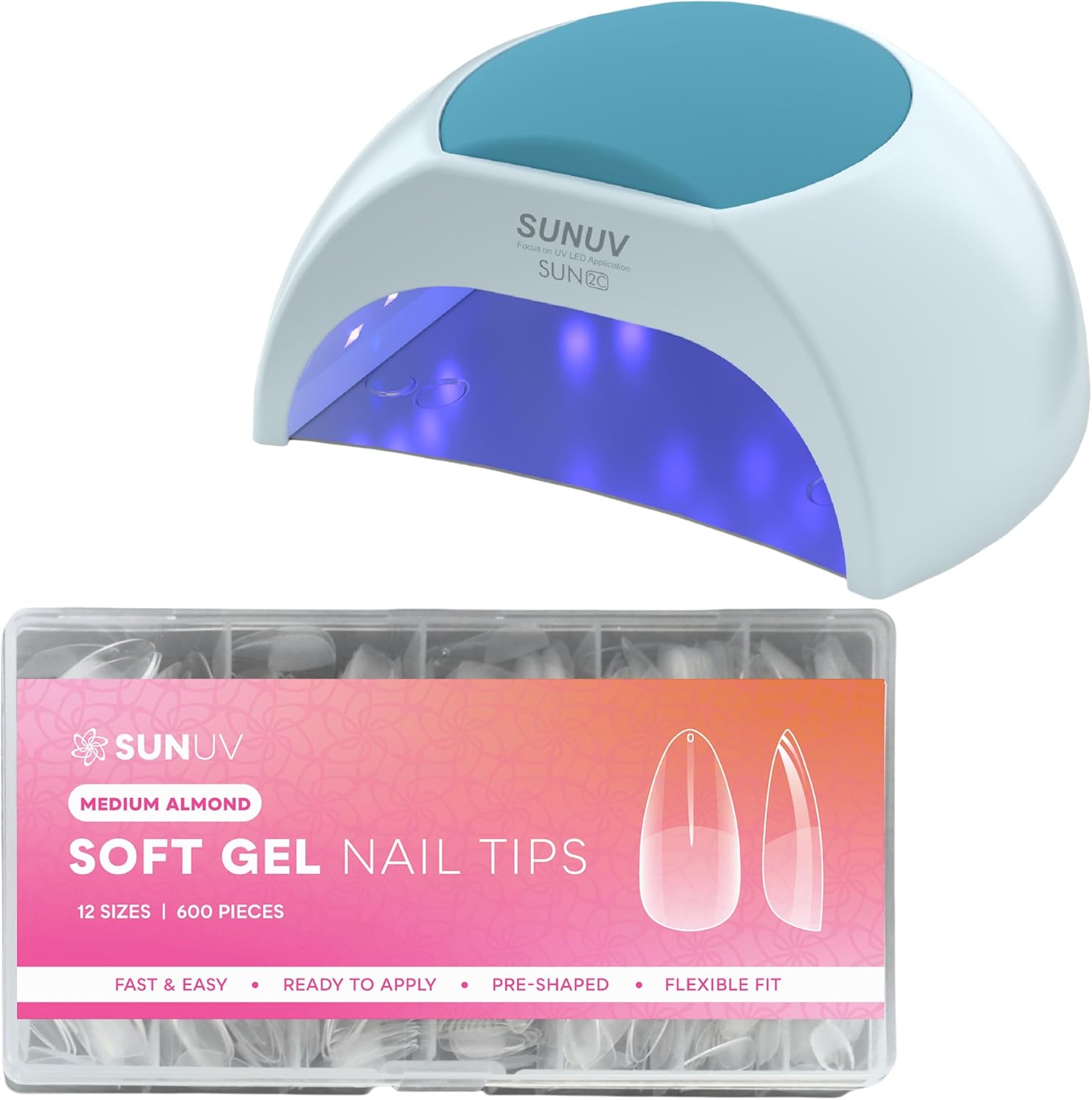 SUNUV SUN2C Blue UV LED Nail Lamp 48W, 600 PCS Medium Almond Gel Nail Tips