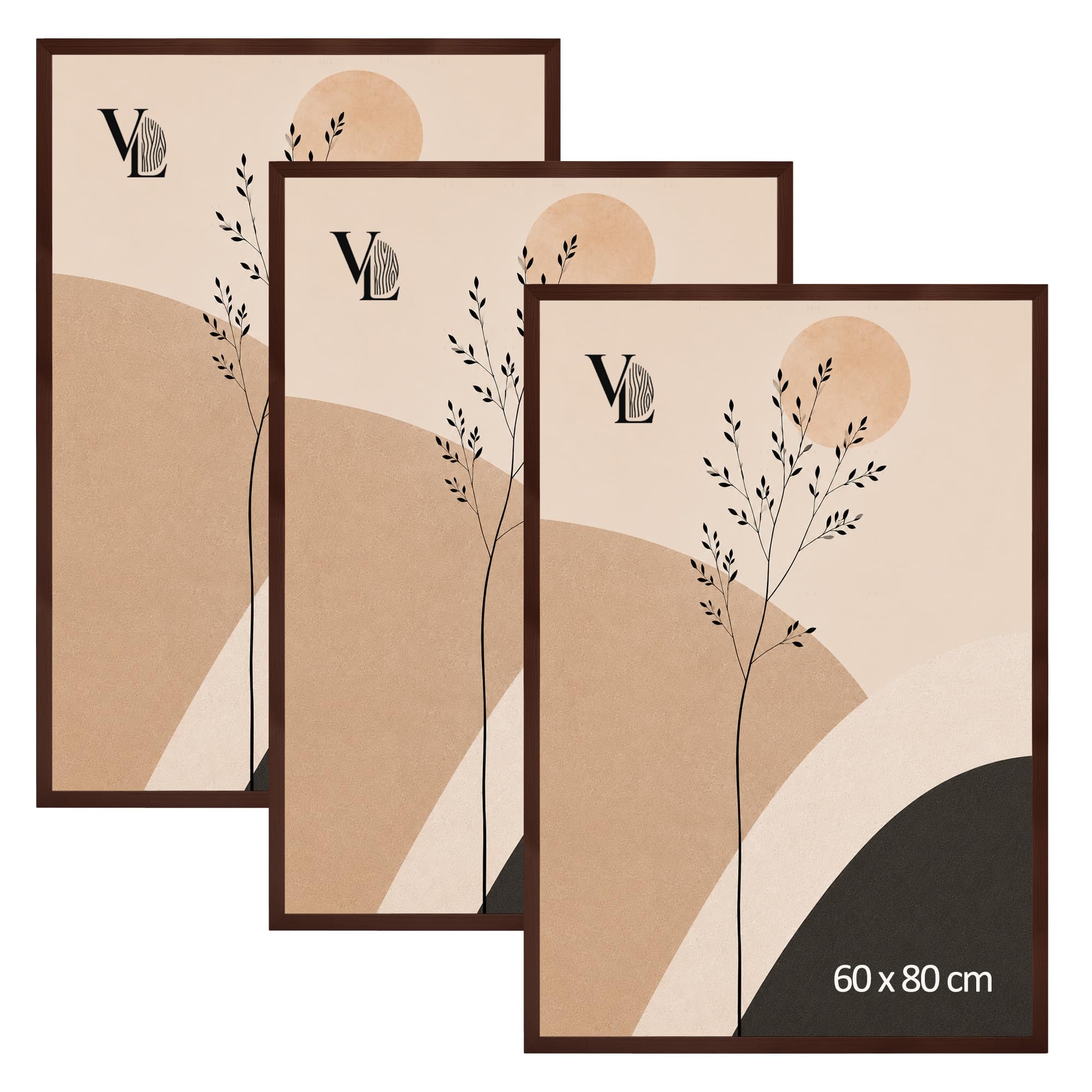 VELORA H&L Set de 3 Marcos de Fotos Marrones 60 x 80 cm - Marcos de Madera con Metacrilato Transparente, Portafotos para Fotos, Pósteres, Láminas, Puzzles, Diplomas y Certificados