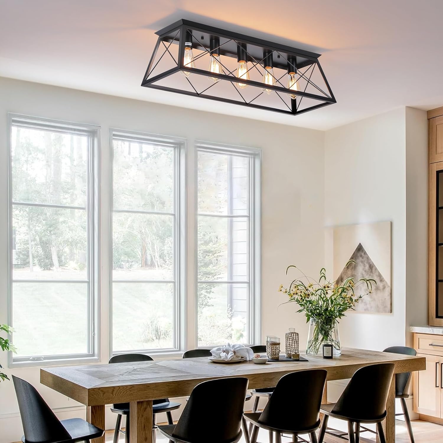 31.5" black flush mount ceiling light fixture, 5-light vintage industrial cage chandelier for dining room, kitchen island, living room, dimmable large semi flush mount close to ceiling light 31.5" black ceiling light