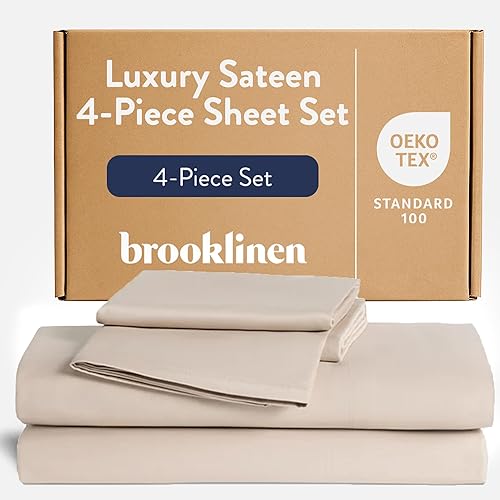 Brooklinen - Juego de sábanas de satén de 4 piezas, 100% algodón, tamaño Queen, color gris guijarro, 1 sábana bajera, 1 sábana encimera, 2 fundas de