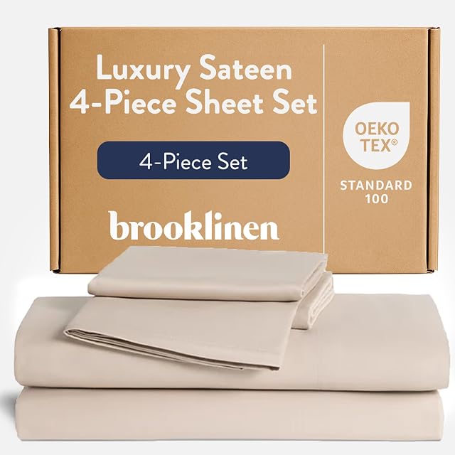 Brooklinen Luksusowy 4-częściowy zestaw pościeli satynowej, 100% bawełna, King Size w kolorze szarym, 1 prześcieradło z gumką, 1 prześcieradło, 2 poszewki na poduszkę
