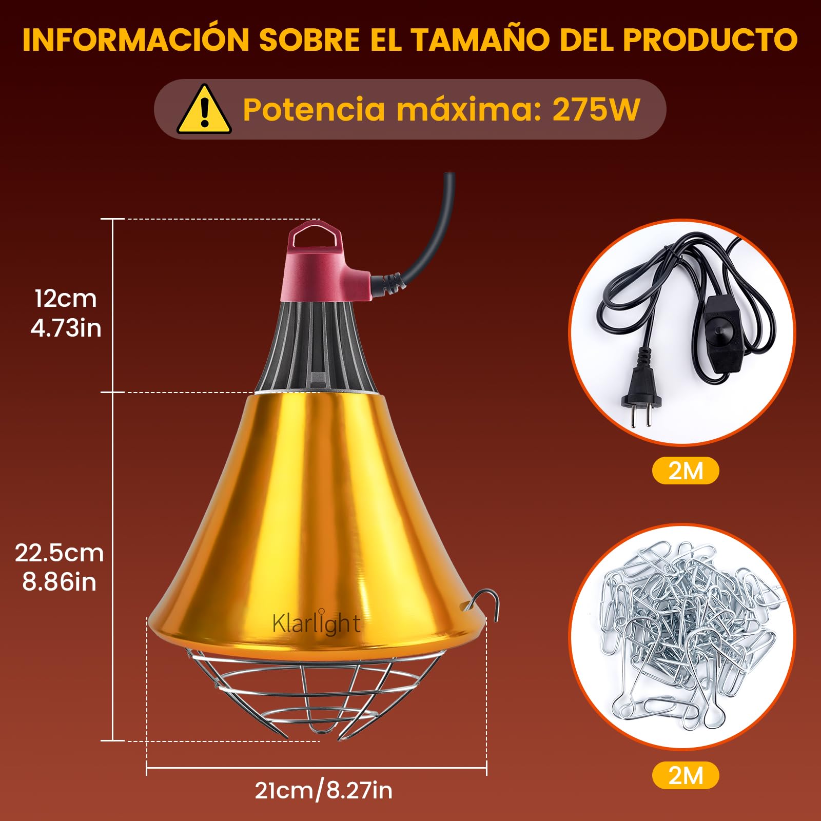 Klarlight Calefactora Infrarrojo Regulable, Reflector con Rejilla Protectora, 2m de Cable, Max. 275W, Calentador para Casas de Cachorros, Pollitos y Cerdos (Sin Bombilla)